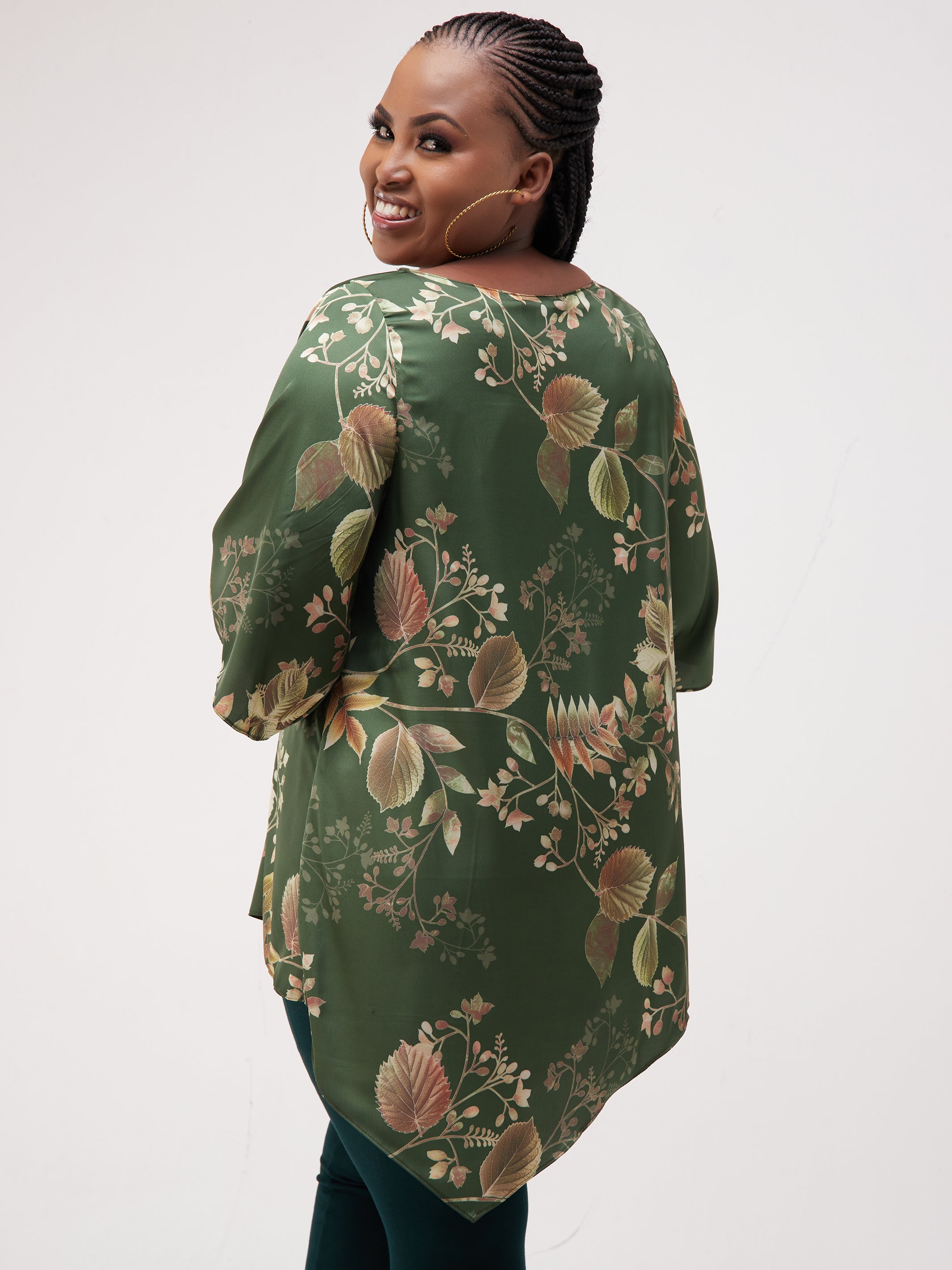 Vivo Asymmetric Angel Satin Top - Green / Brown Print