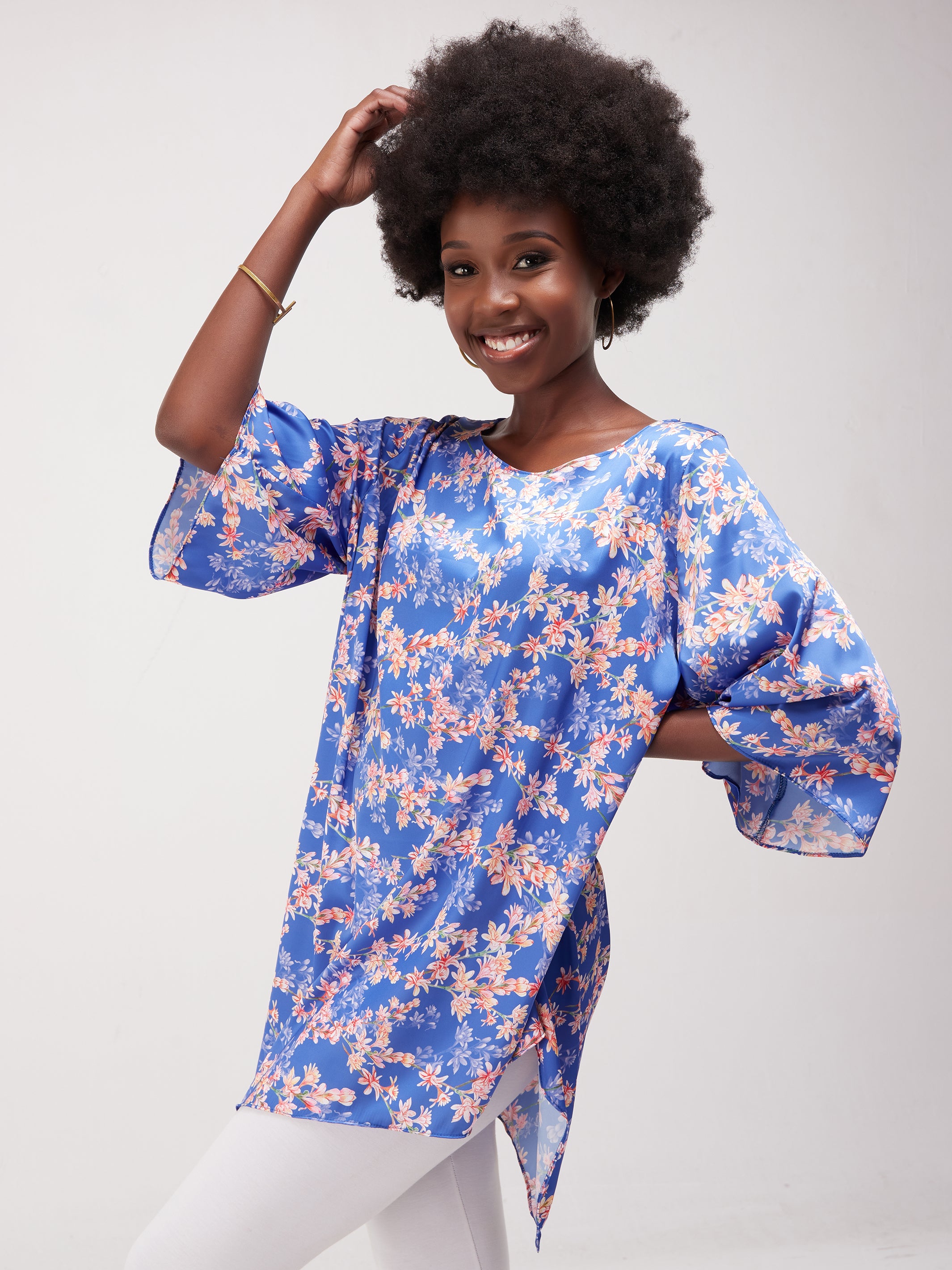 Vivo Asymmetric Angel Satin Top - Blue / Pink Print