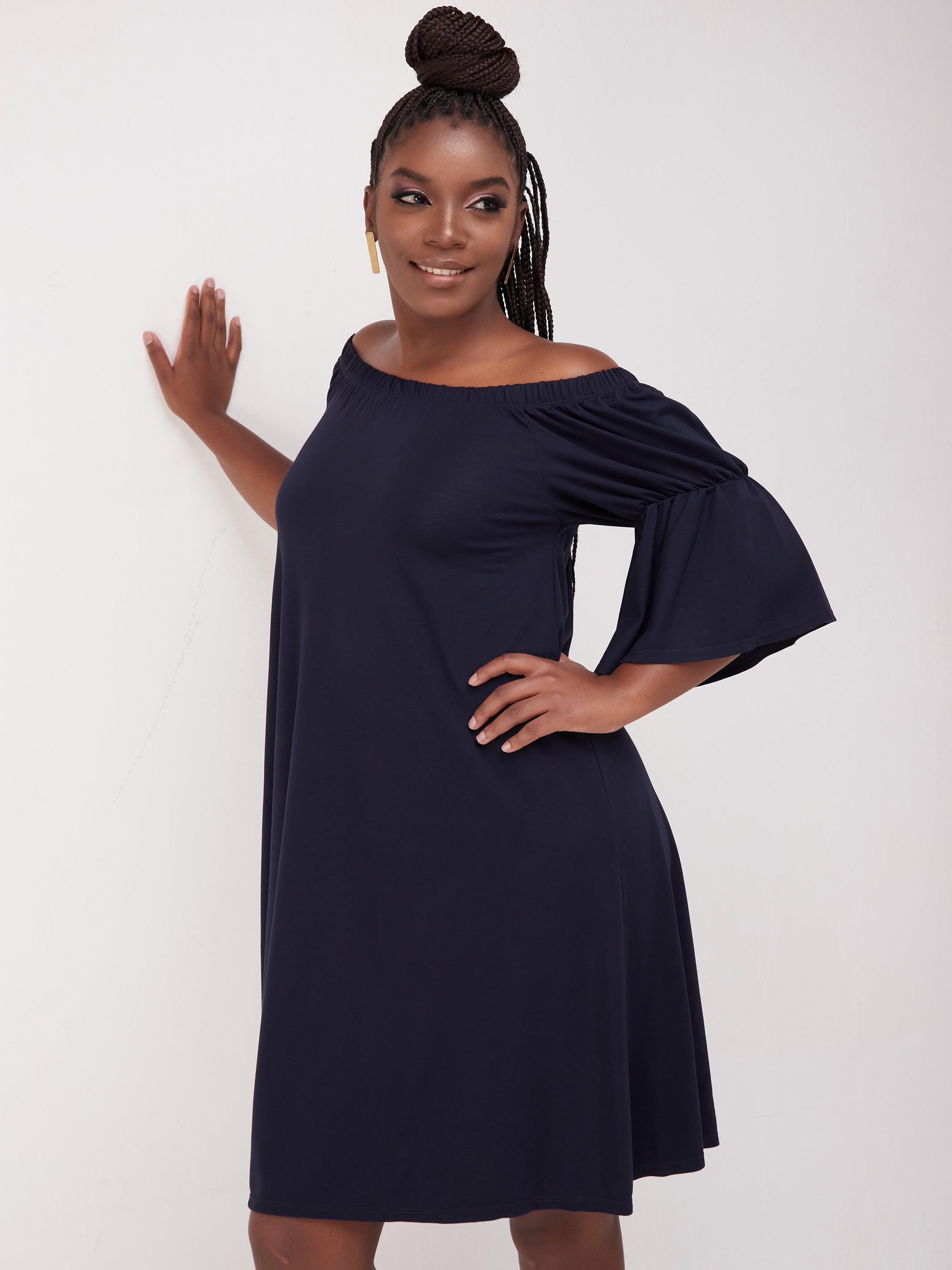 Vivo Lindi Off Shoulder Knee Length Dress - Navy Blue