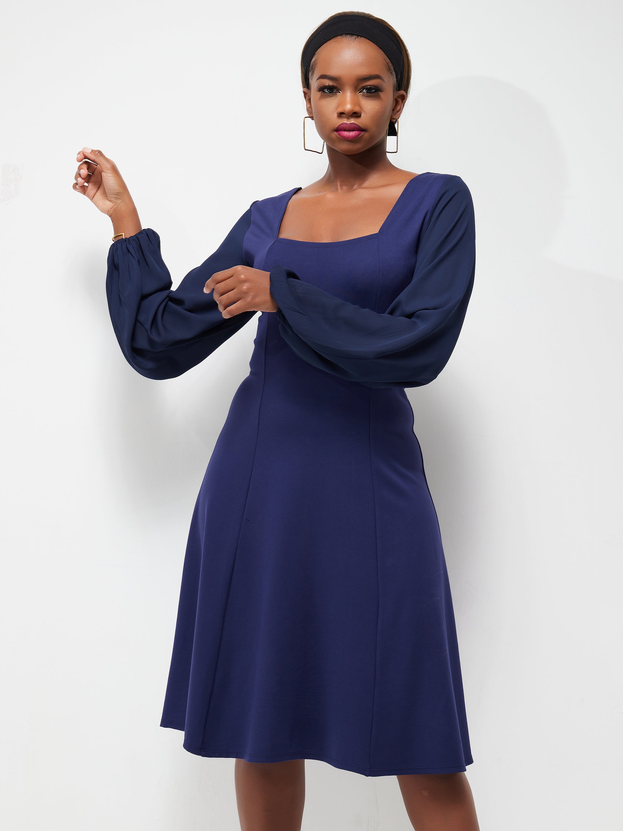 Vivo Ada Long Sleeved Swing Dress - Navy Blue