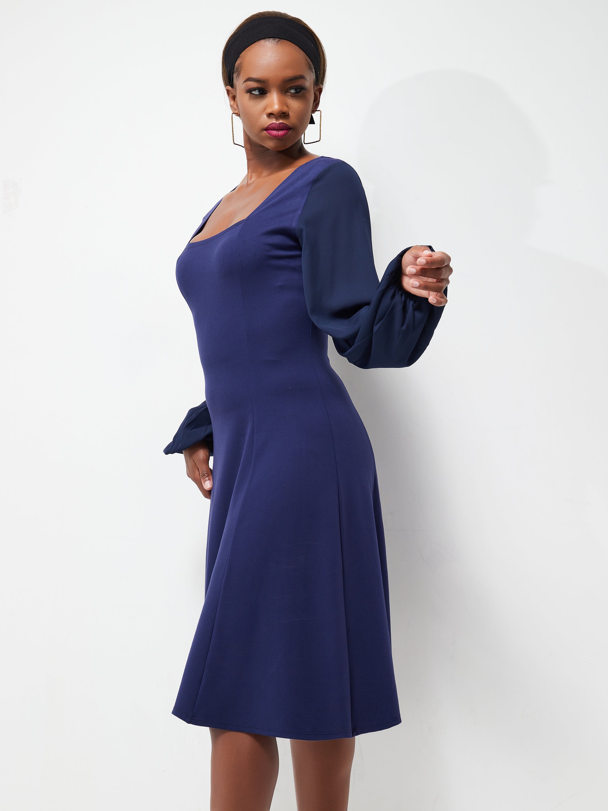 Vivo Ada Long Sleeved Swing Dress - Navy Blue