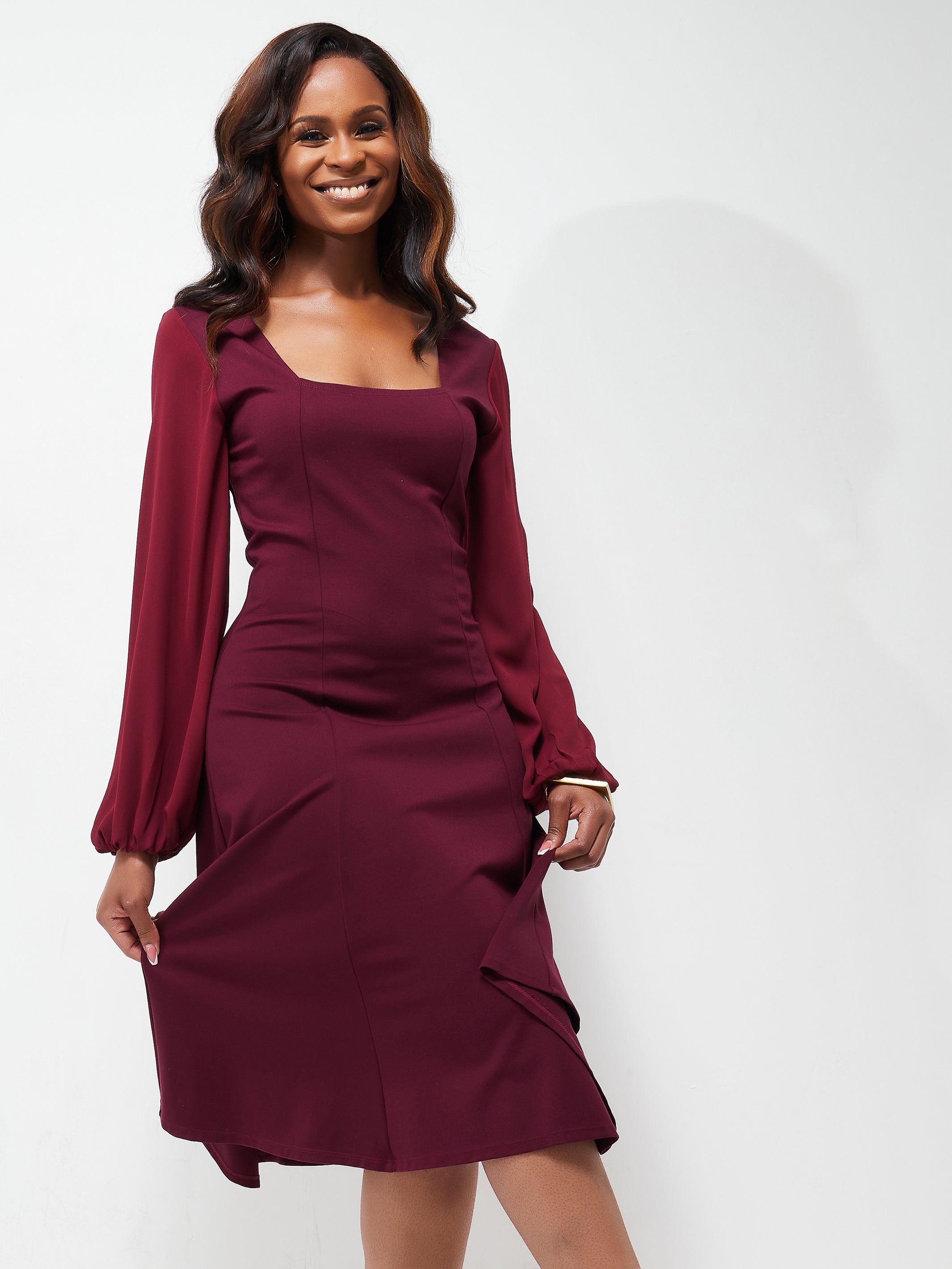 Vivo Ada Long Sleeved Swing Dress - Maroon | Vivo Fashion Group Kenya