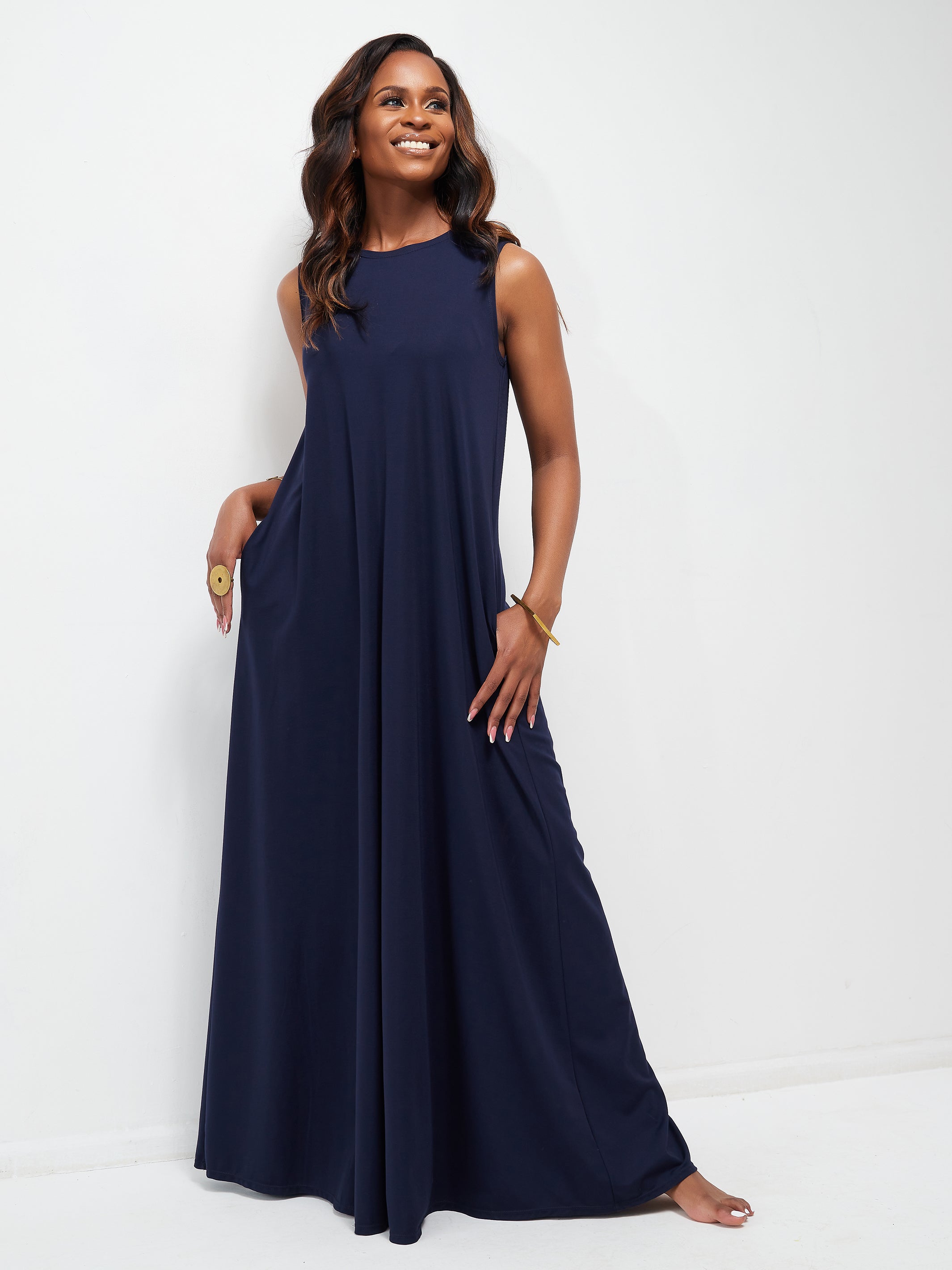 Vivo Ponte Back Pleat Maxi Dress - Navy Blue