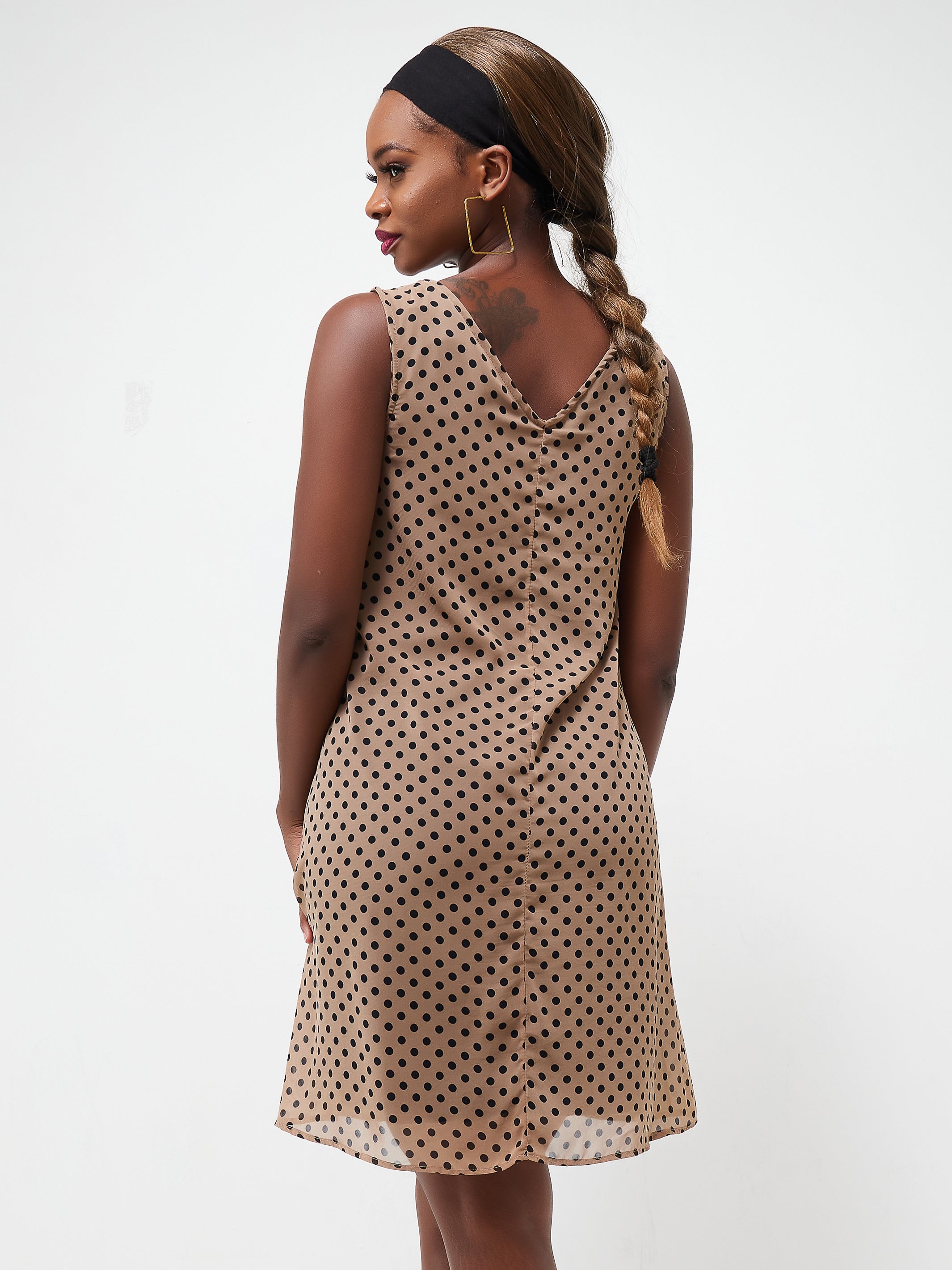 Vivo Diani V-Neck Knee Length Dress - Taupe Polka Print