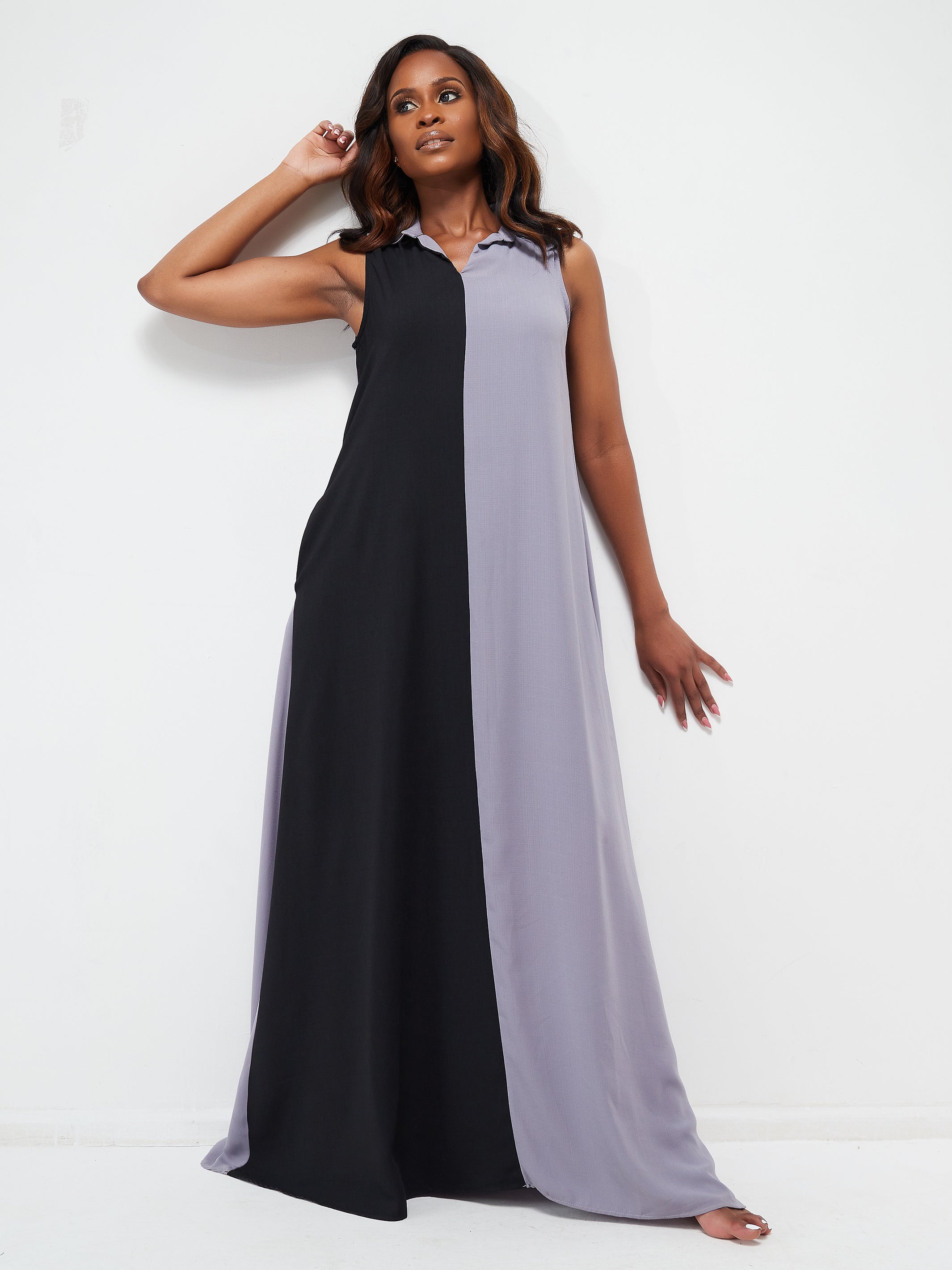 VIvo Zuri Sleeveless Tent Maxi Dress - Light Purple / Black