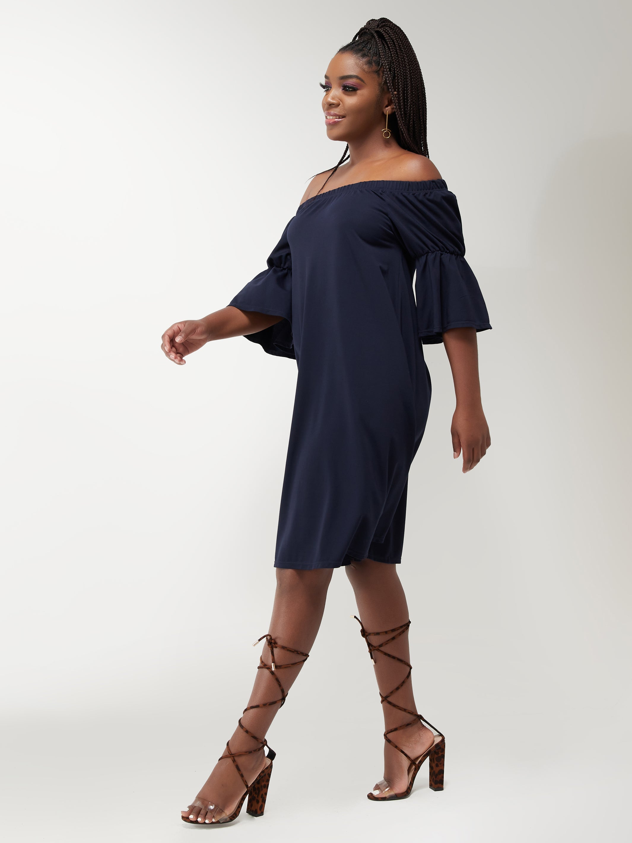 Vivo Lindi Off Shoulder Knee Length Dress - Navy Blue