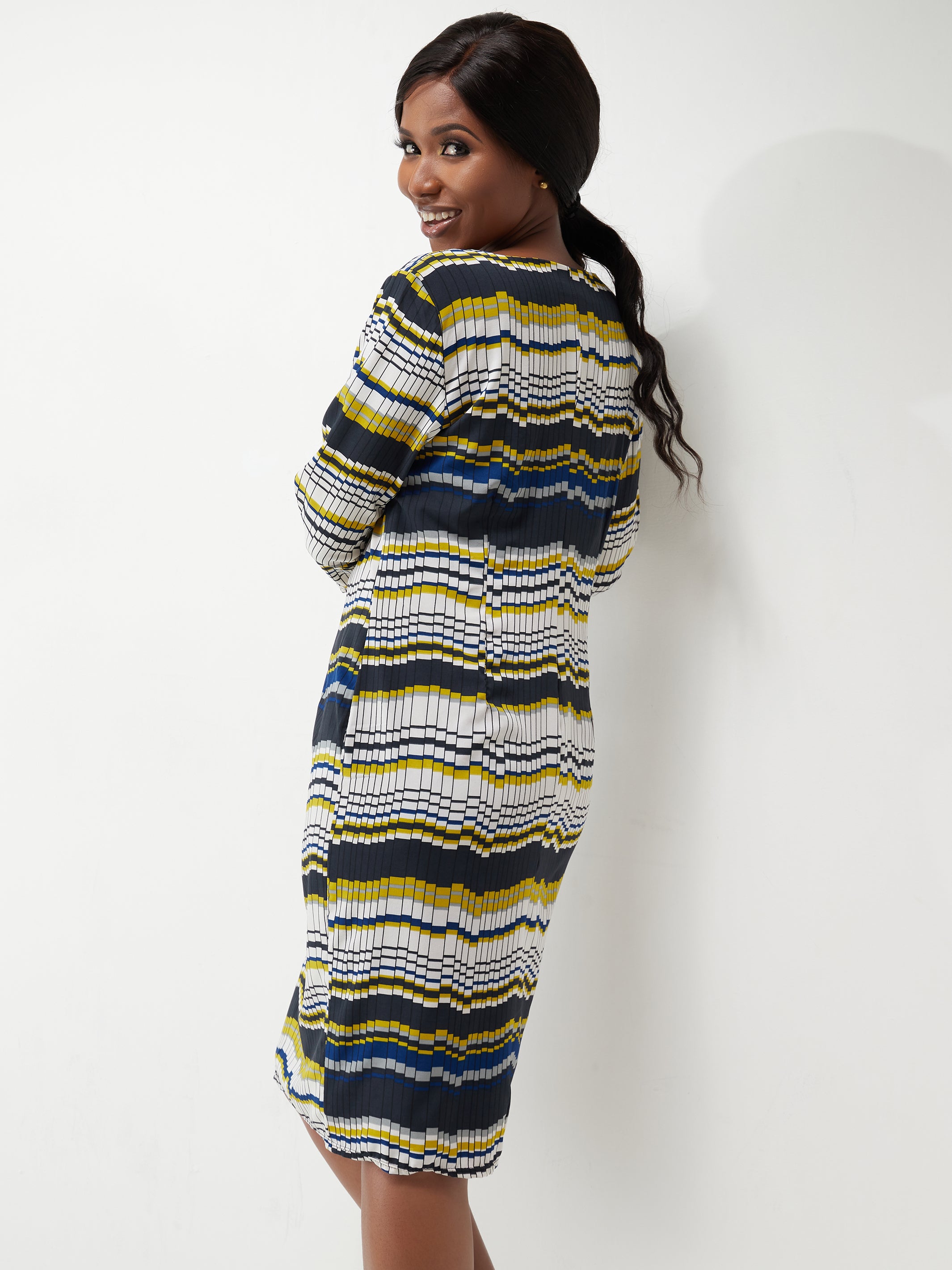 Vivo Muna Sheath Dress - Mustard / Blue Print