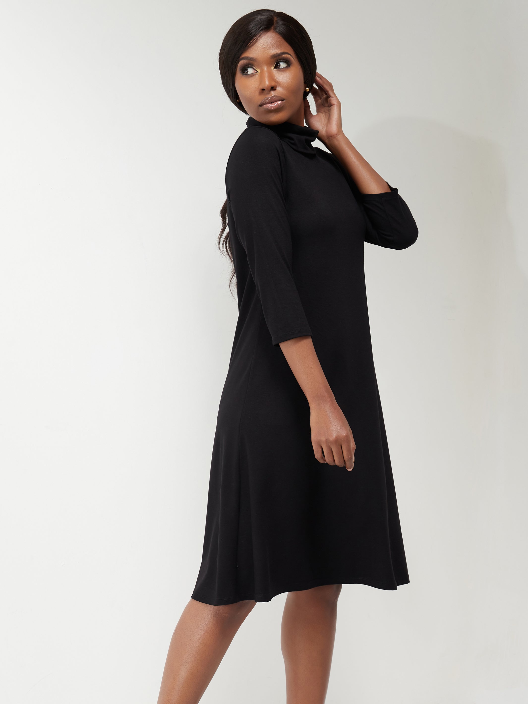 Vivo 3/4 Sleeve J.O Jersey A-line Knee Length Dress - Black