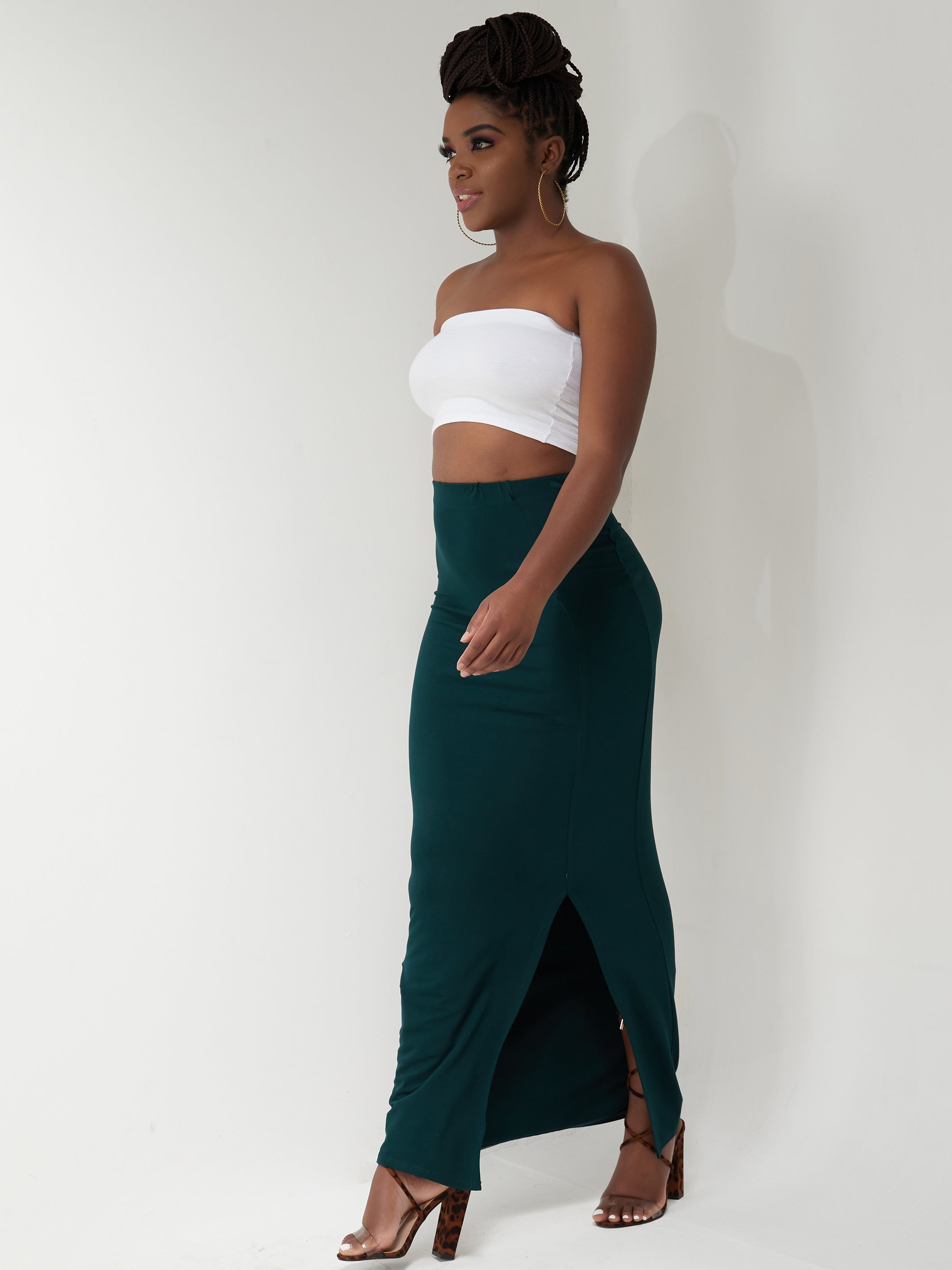 Vivo Basic Straight Skirt With Front Slit - Dark Green