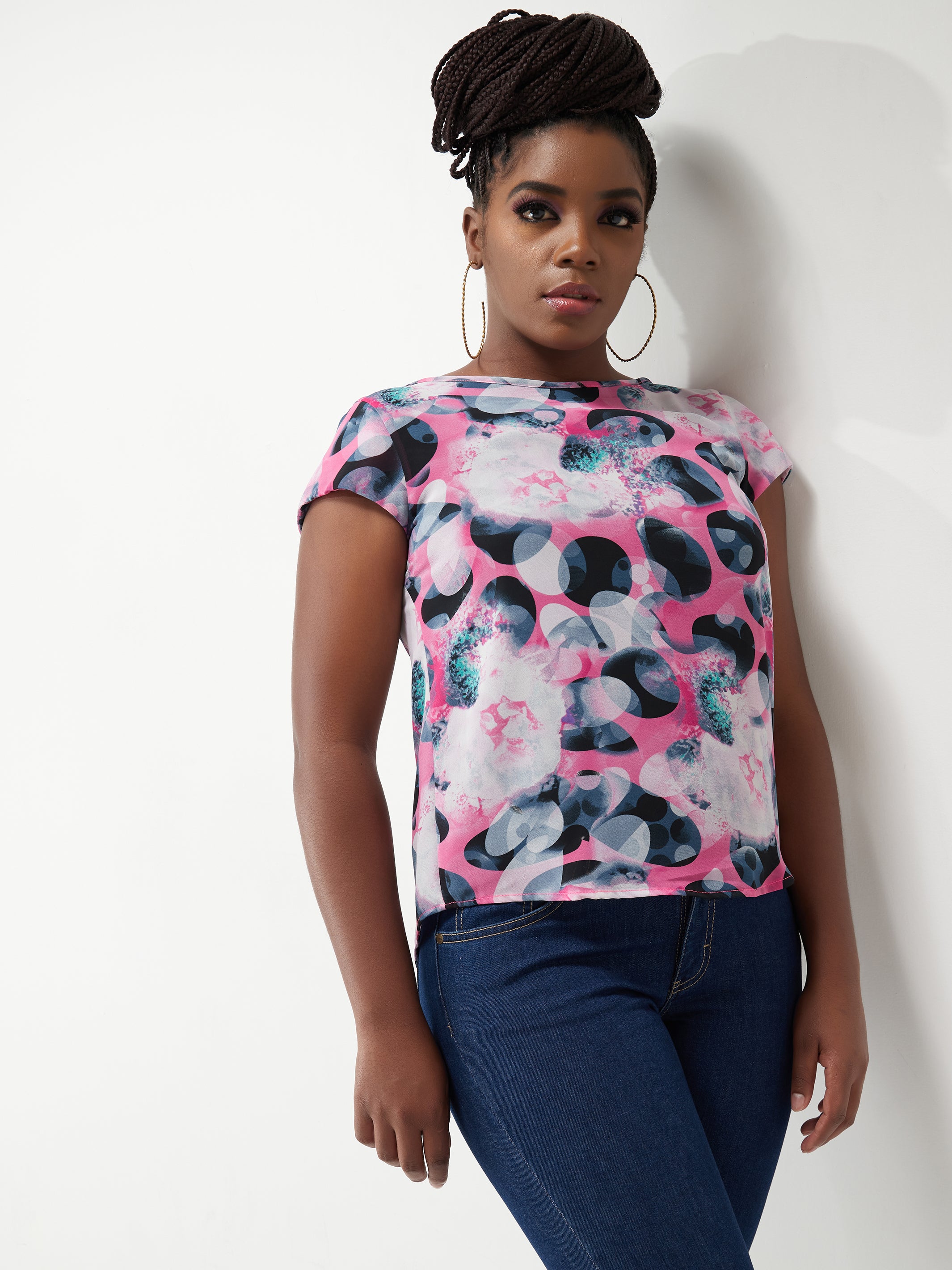 Vivo Basic Cap Sleeve Cory Top - Pink / Grey Print