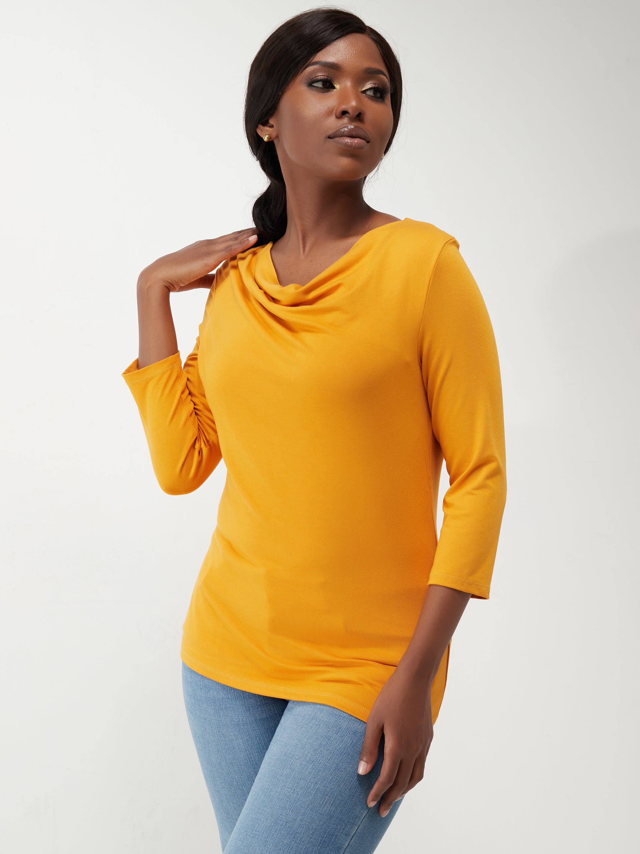 Vivo 3/4 Sleeve Double Layered Cowl Top - Mustard