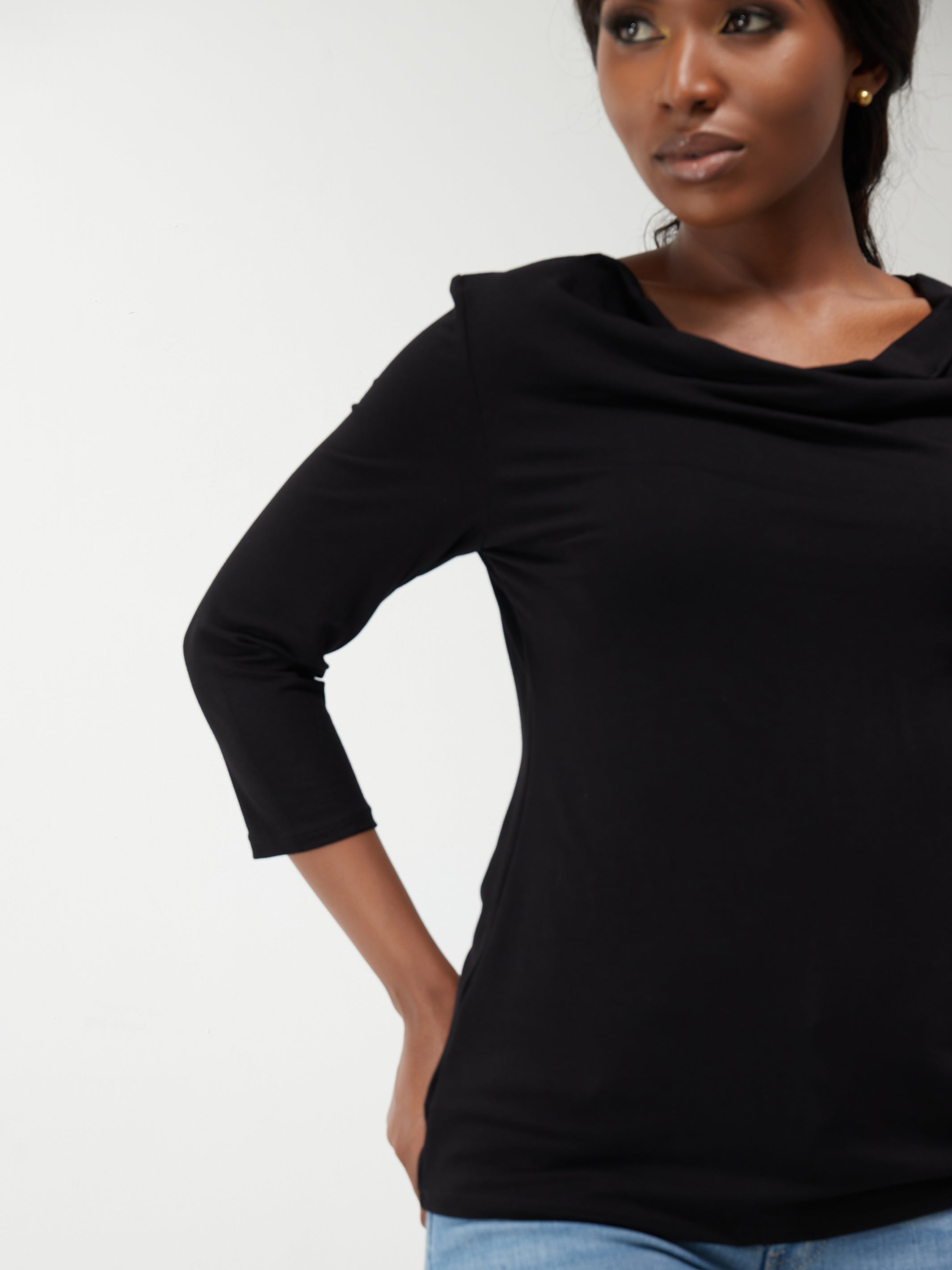 Vivo 3/4 Sleeve Double Layered Cowl Top - Black