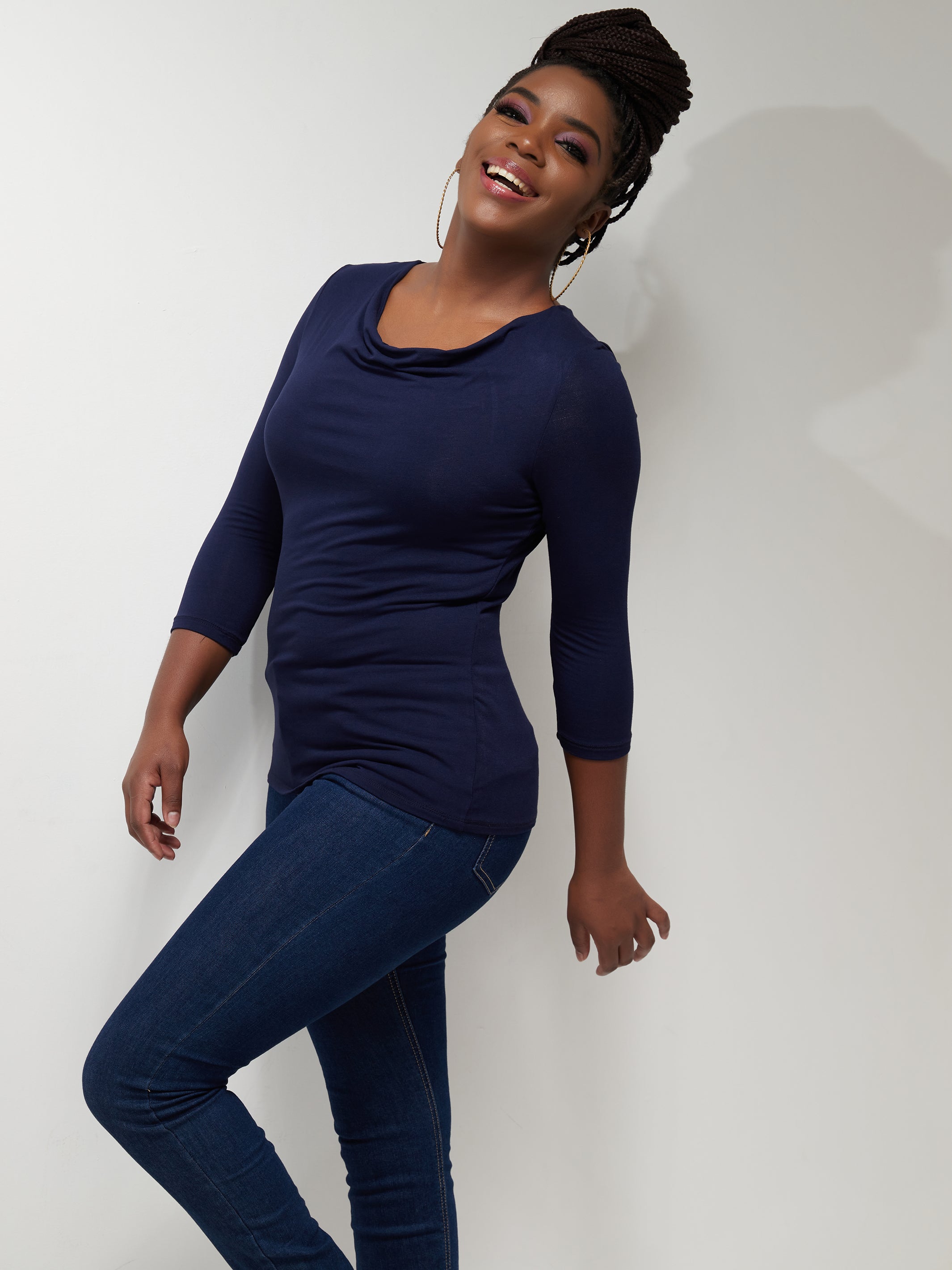 Vivo 3/4 Sleeve Double Layered Cowl Top - Navy Blue