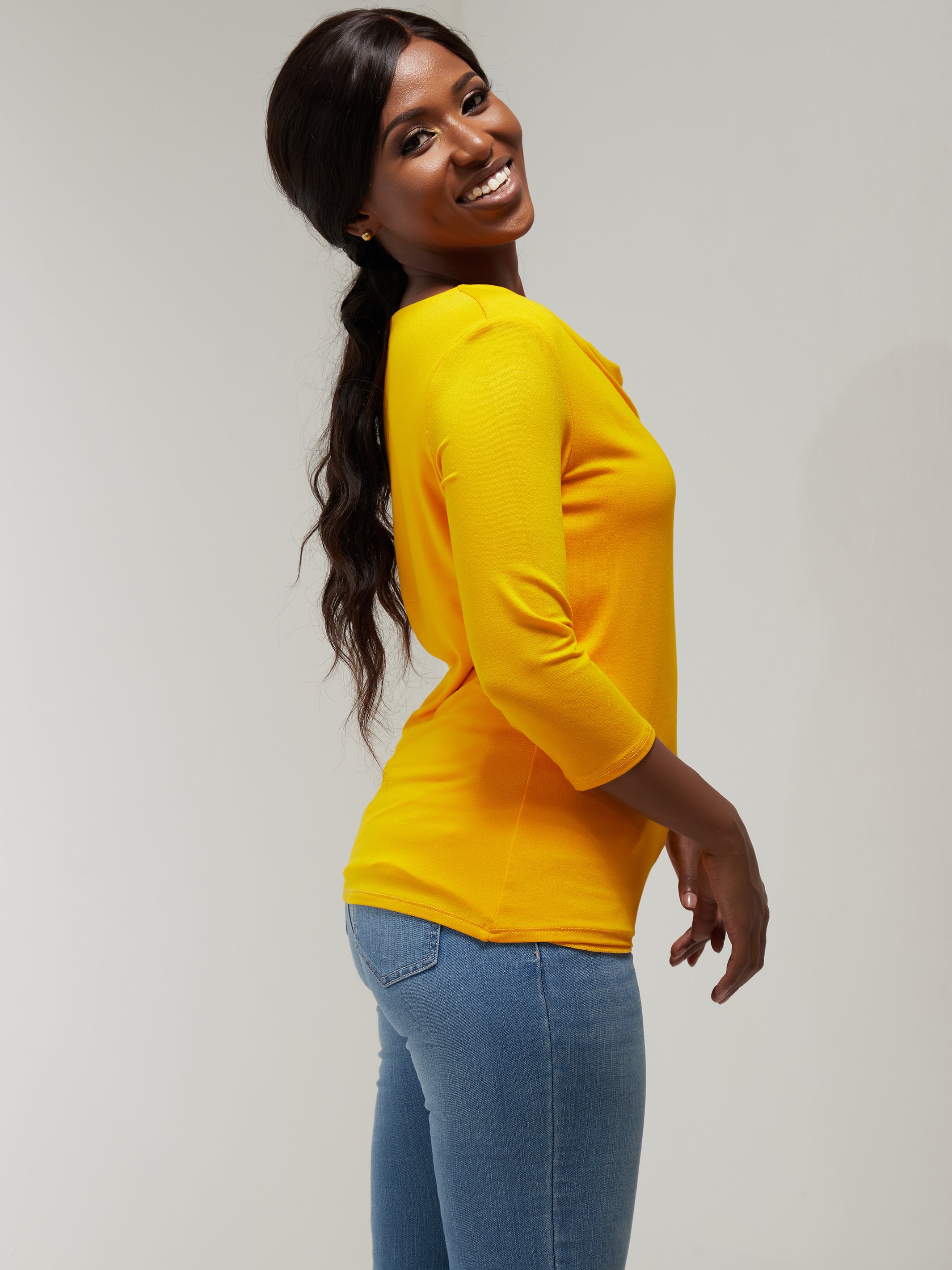 Vivo 3/4 Sleeve Double Layered Cowl Top - Yellow