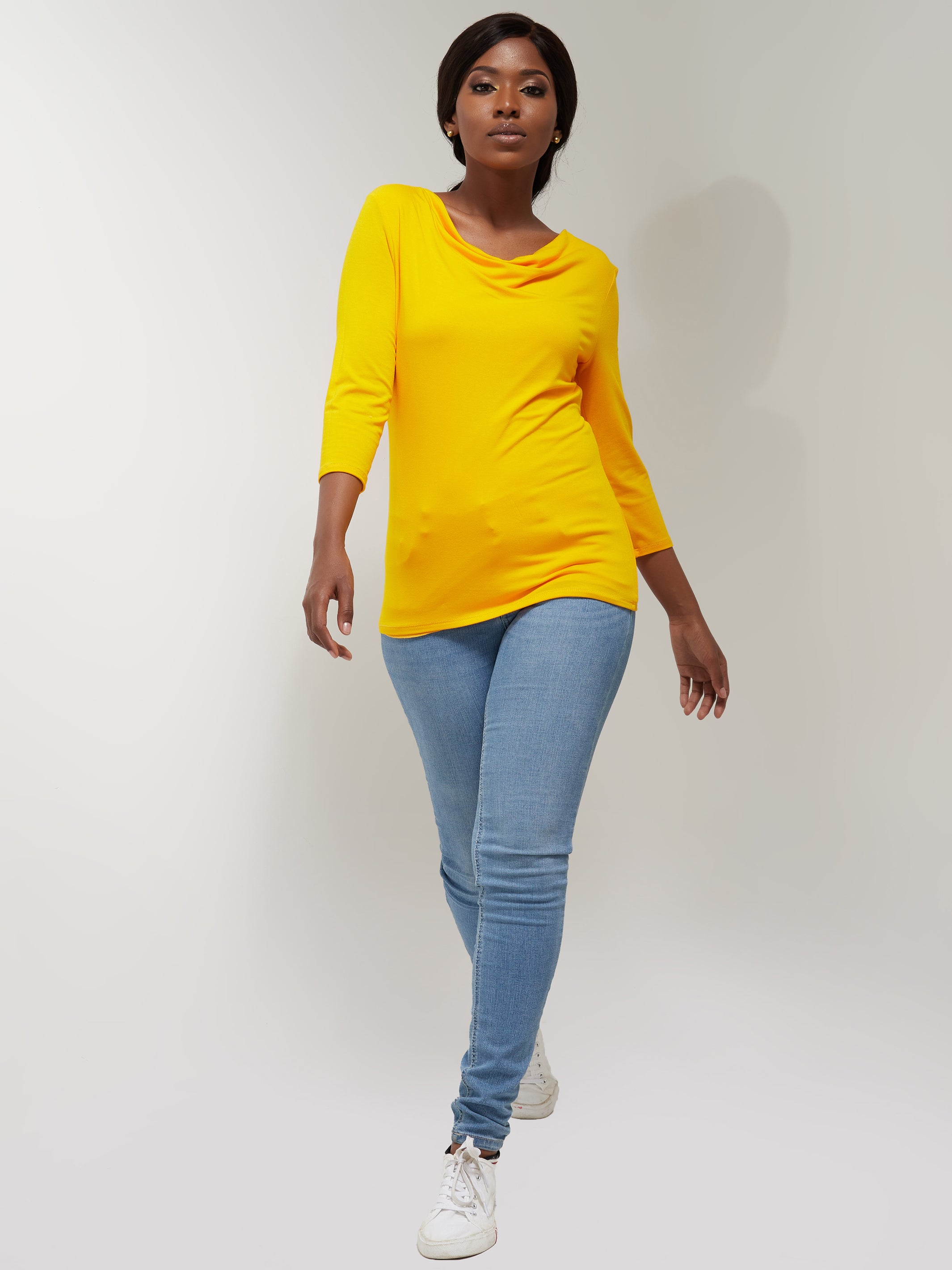 Vivo 3/4 Sleeve Double Layered Cowl Top - Yellow