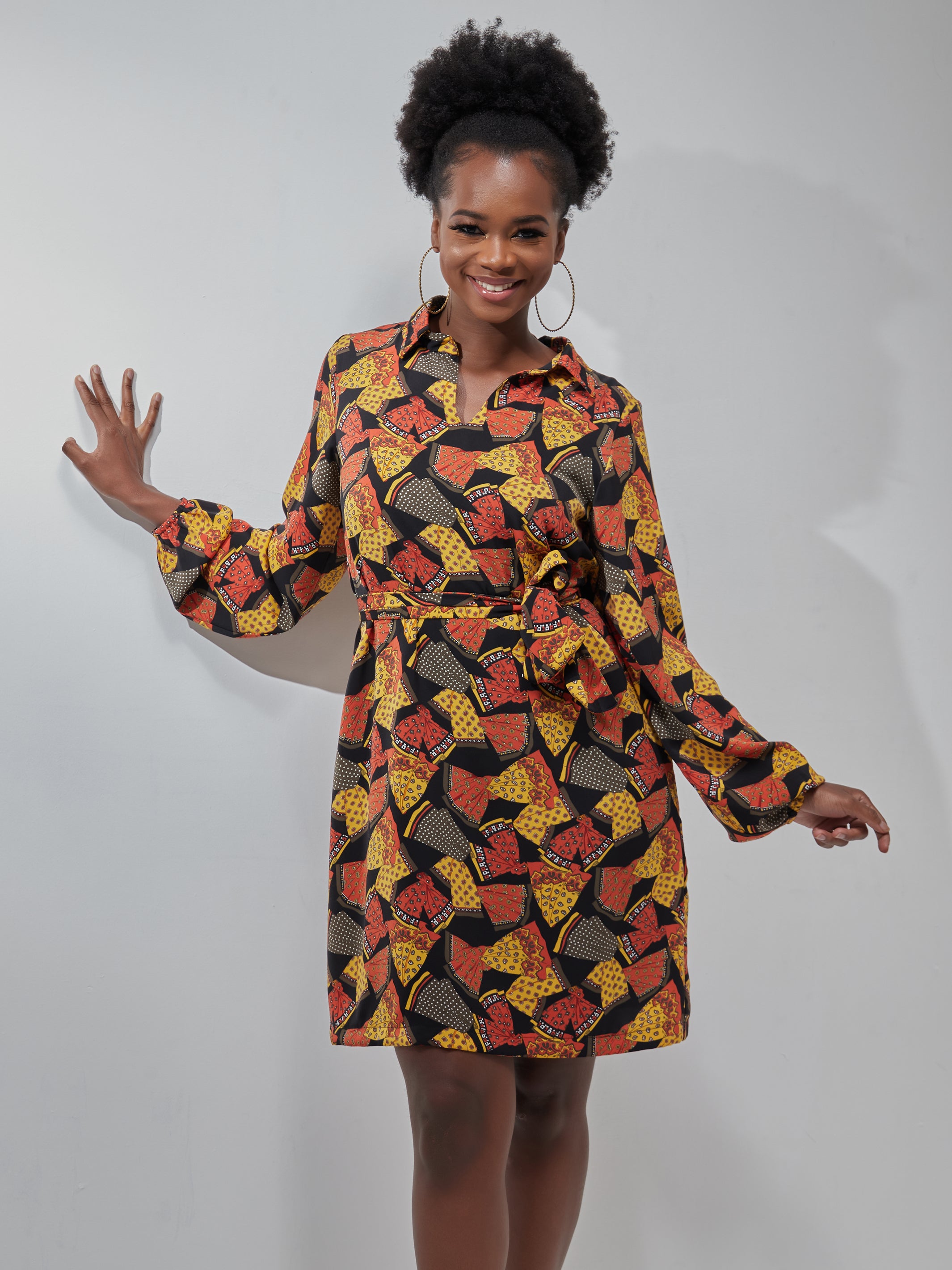 Vivo Muna Long Sleeved Shirt Dress - Black / Orange Print