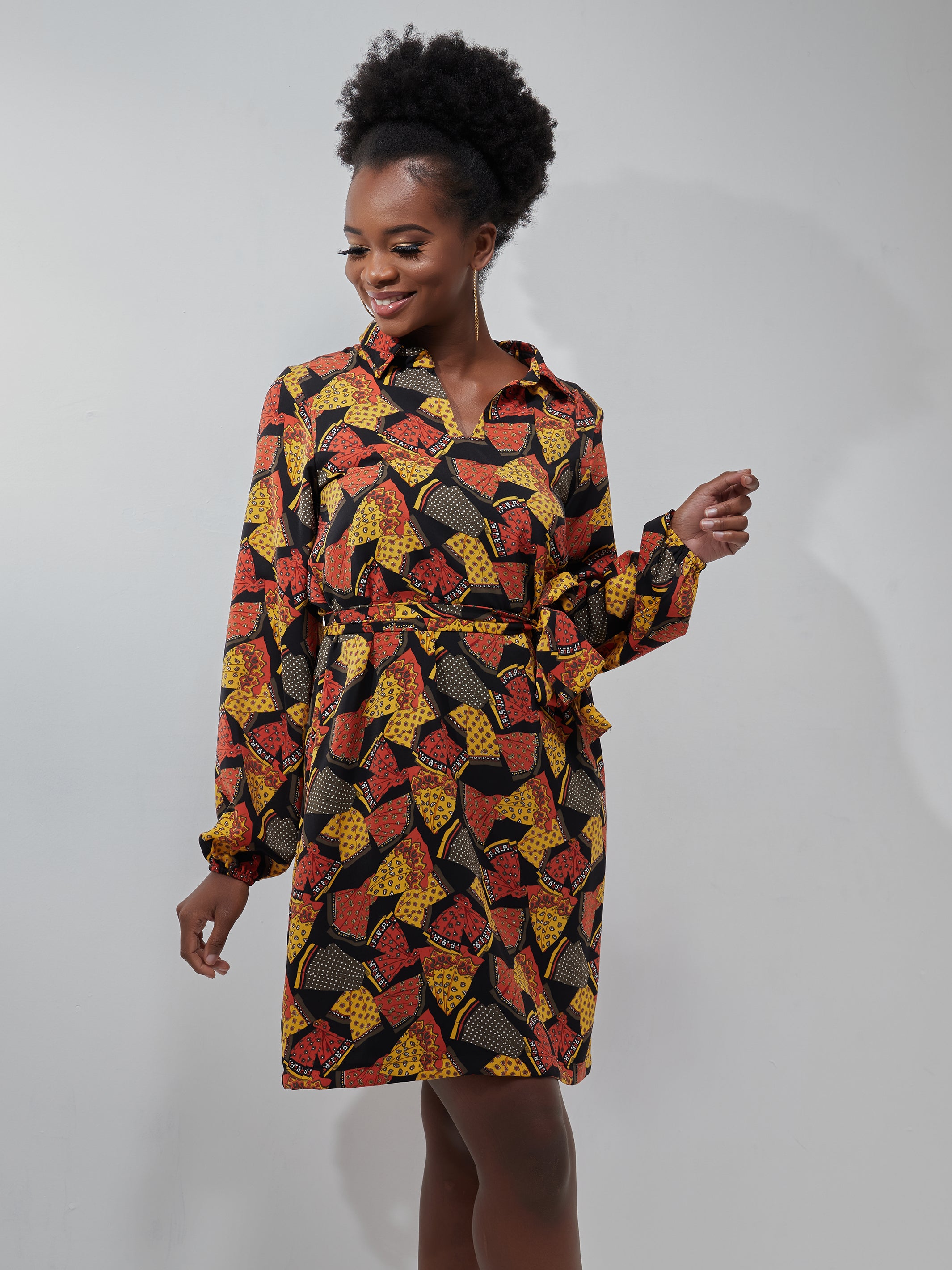 Vivo Muna Long Sleeved Shirt Dress - Black / Orange Print