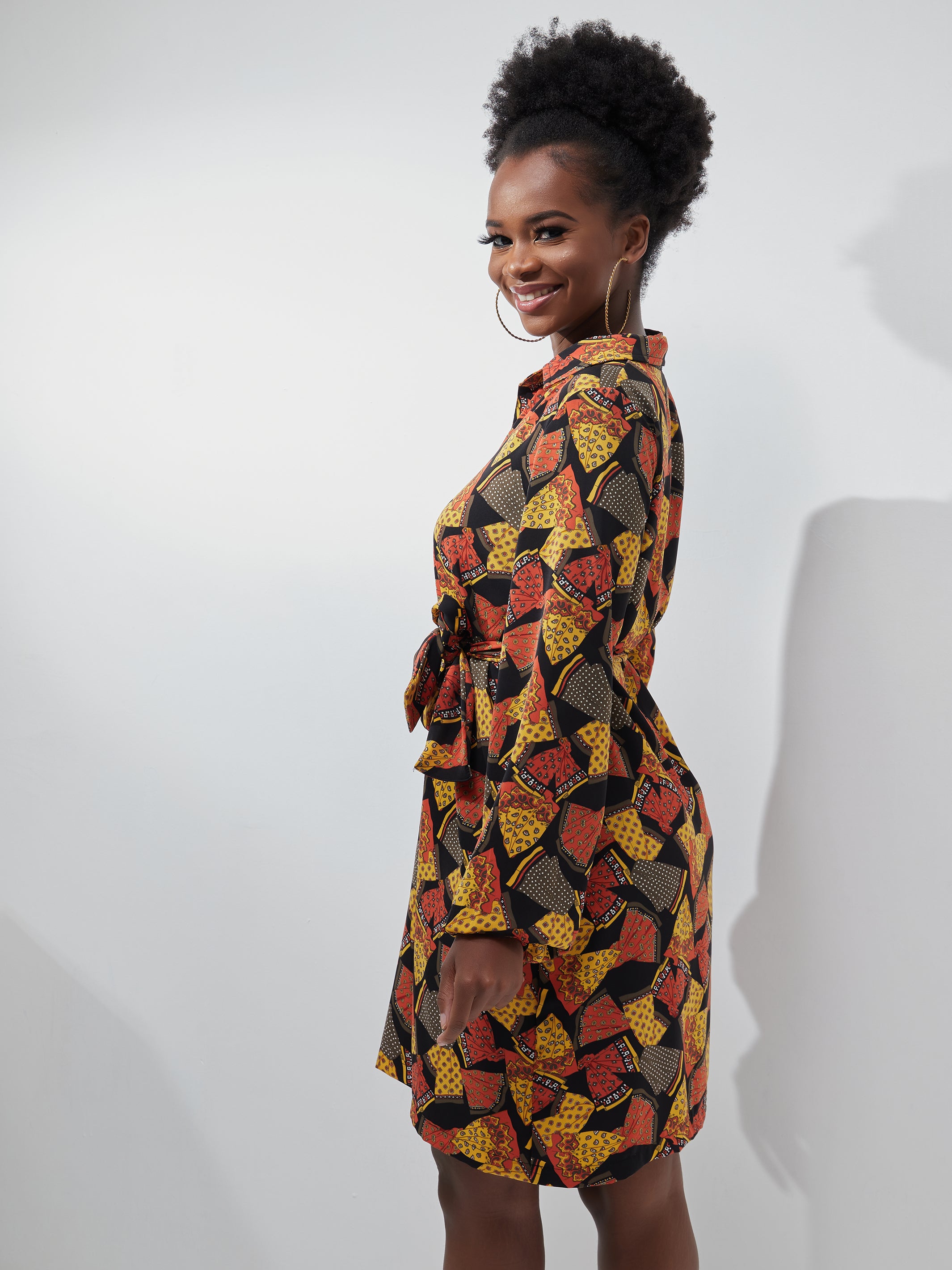 Vivo Muna Long Sleeved Shirt Dress - Black / Orange Print