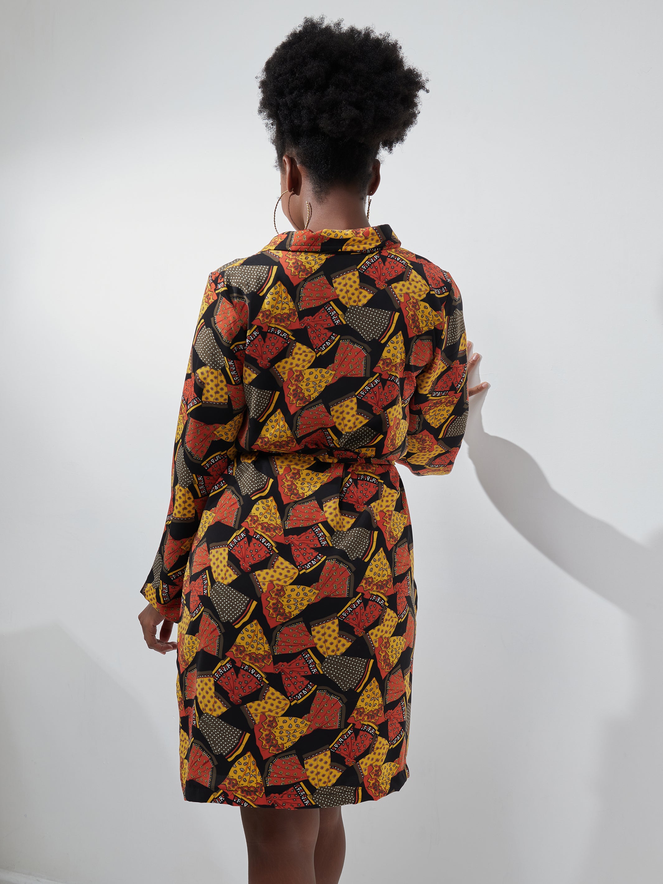 Vivo Muna Long Sleeved Shirt Dress - Black / Orange Print