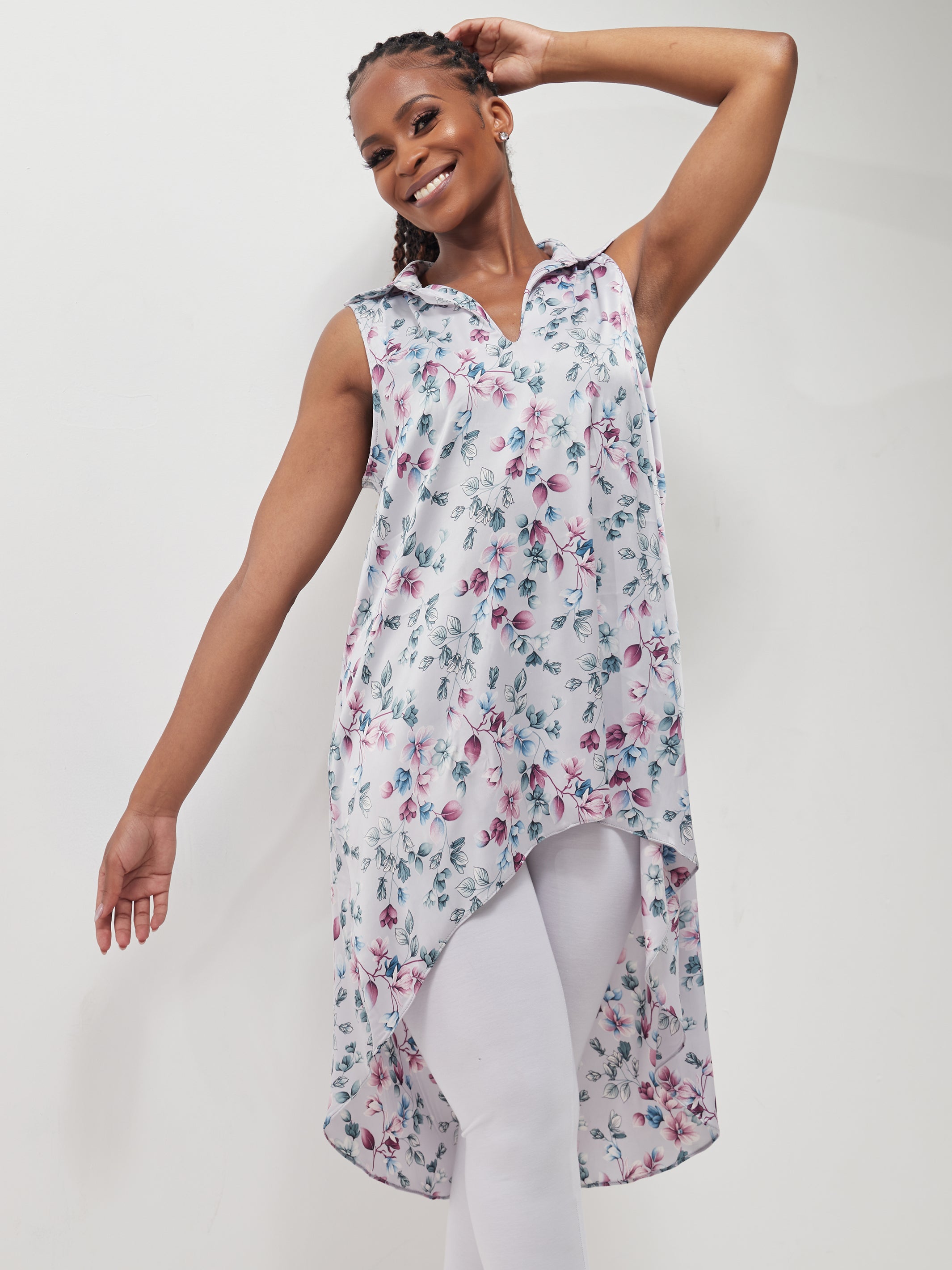 Vivo Zuri Sleeveless Tent High Low Top - Purple / Blue Print
