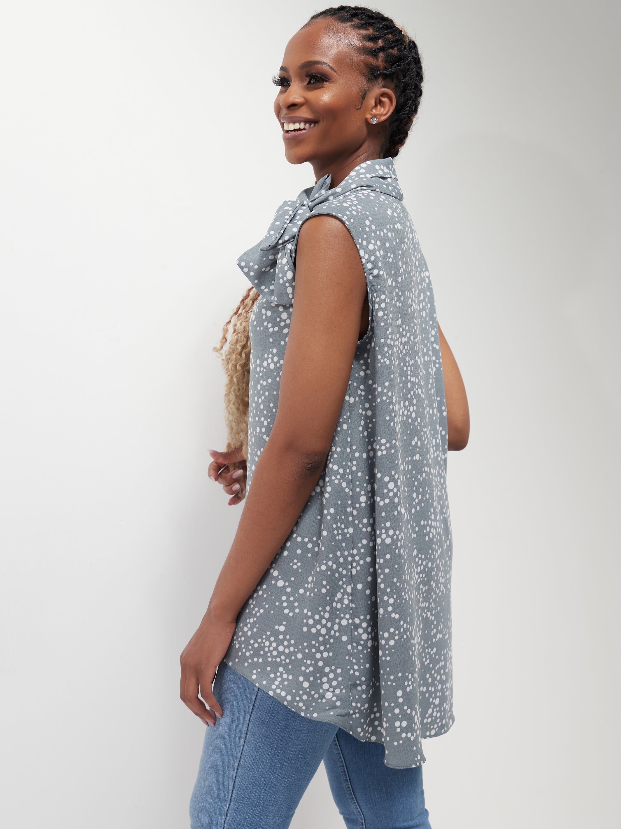 Vivo Bissa High Low Sleeveless Top - Grey / White Print