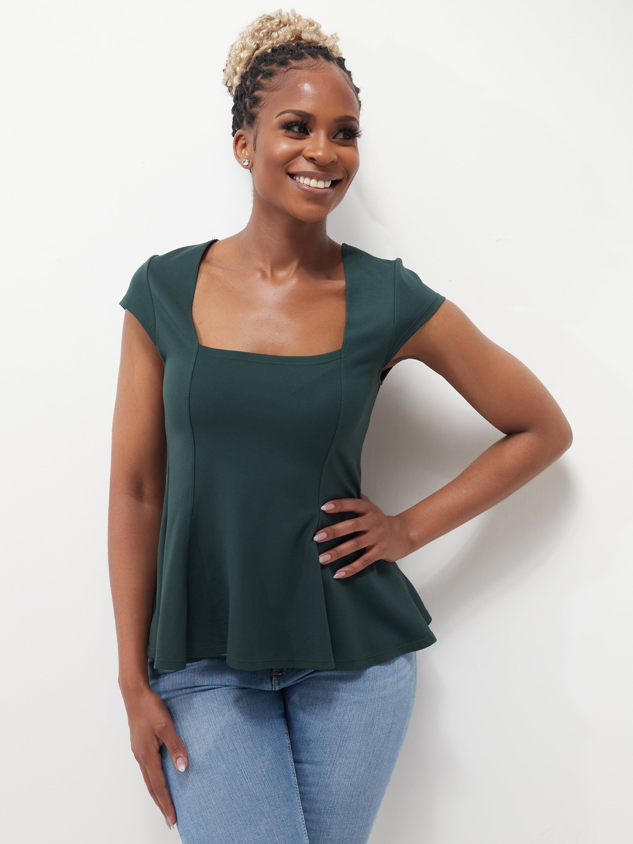 Vivo Ada Peplum Top - Dark Green