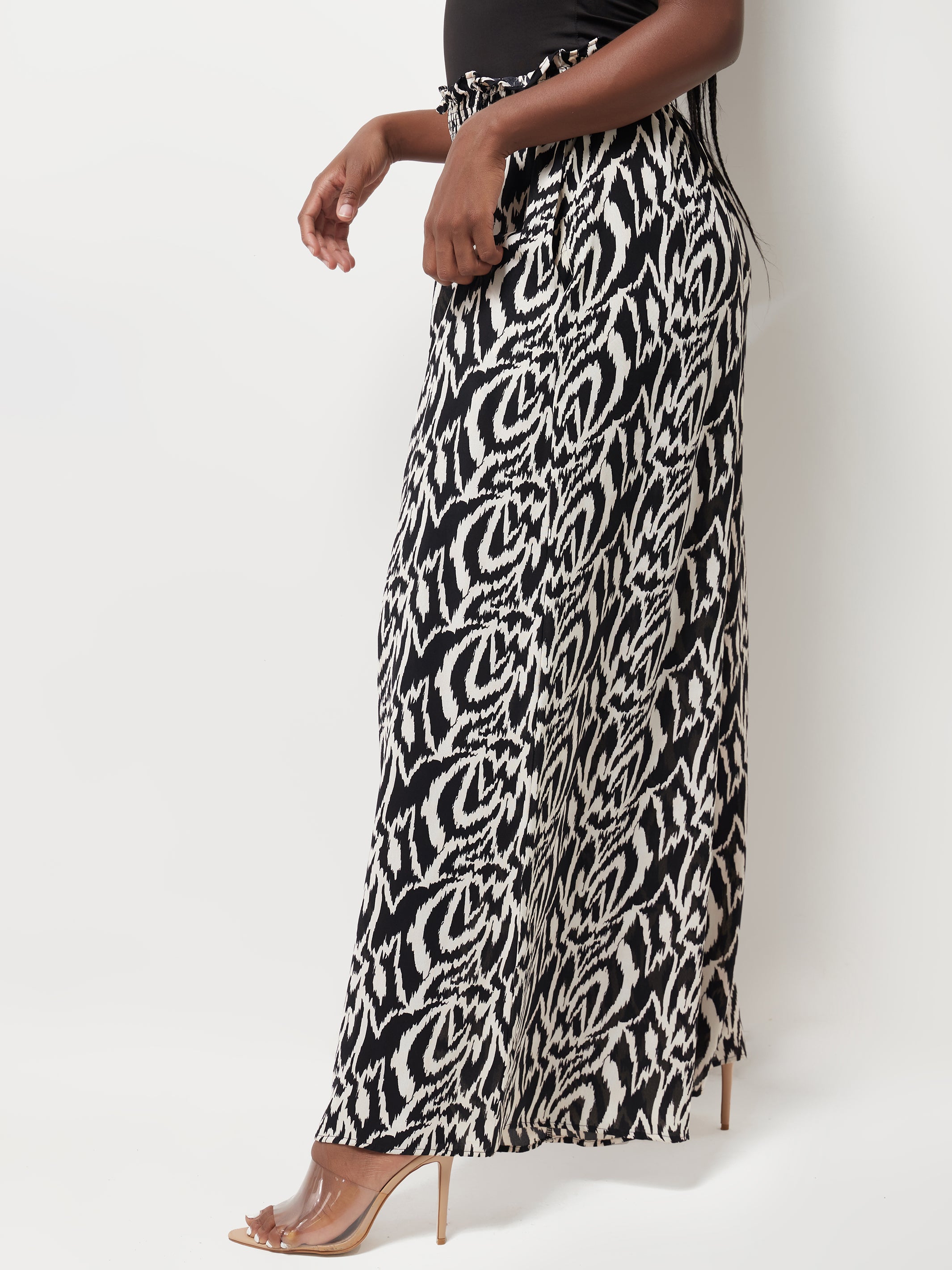 Safari Naima Shirred Waist Wide Leg Pants - Black / White Print