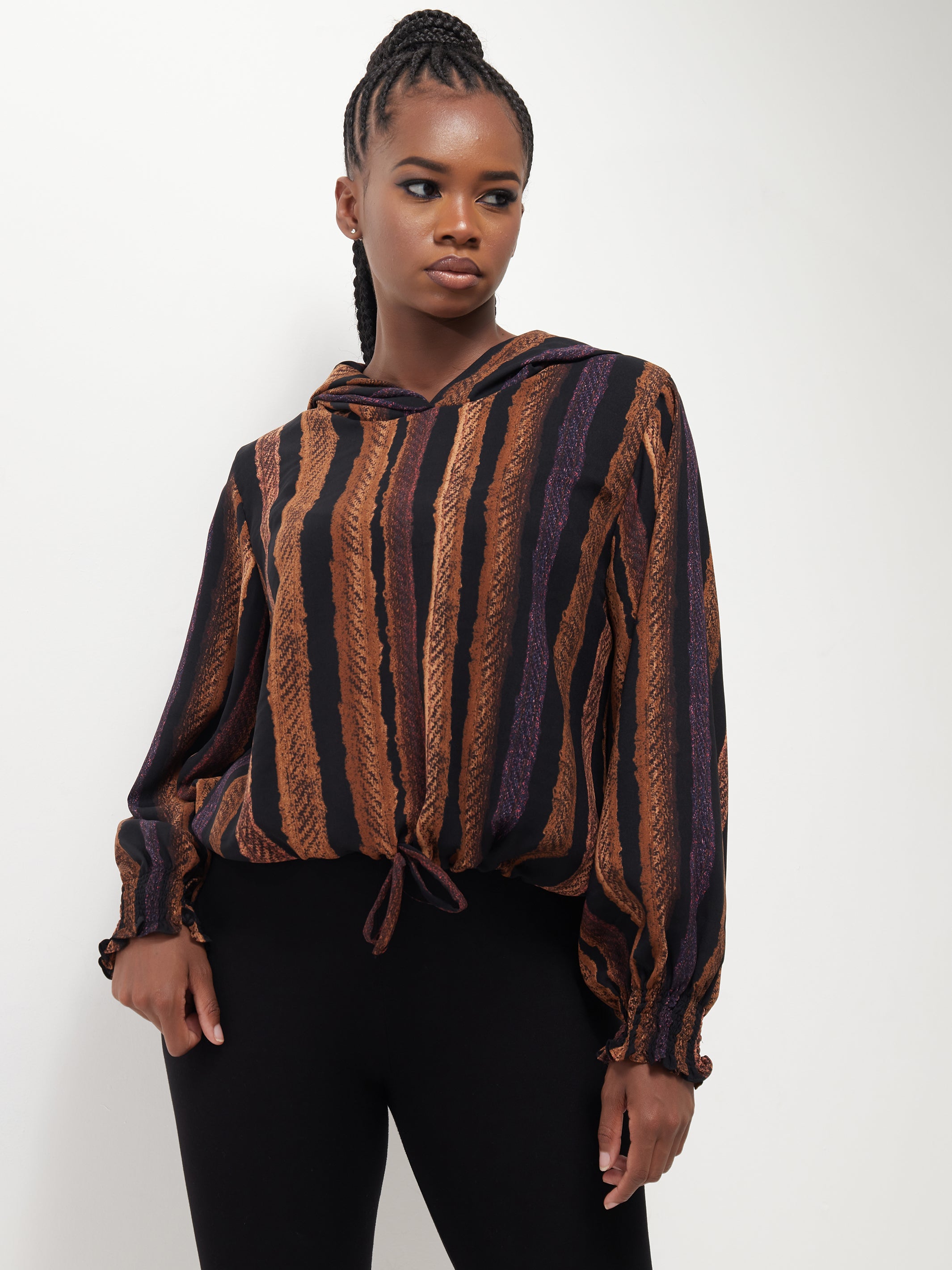 Safari Naima Crepe Drawstring Hoodie - Brown / Black Print