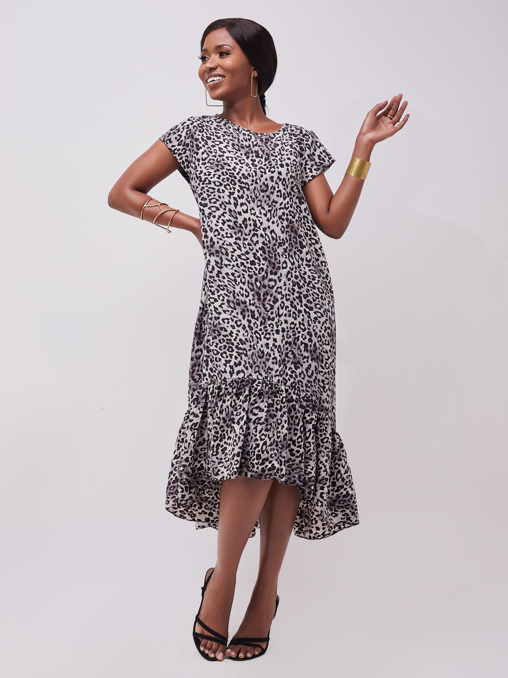 Safari Ayana Cap Sleeved High Low Tent Dress - Grey Cheetah Print