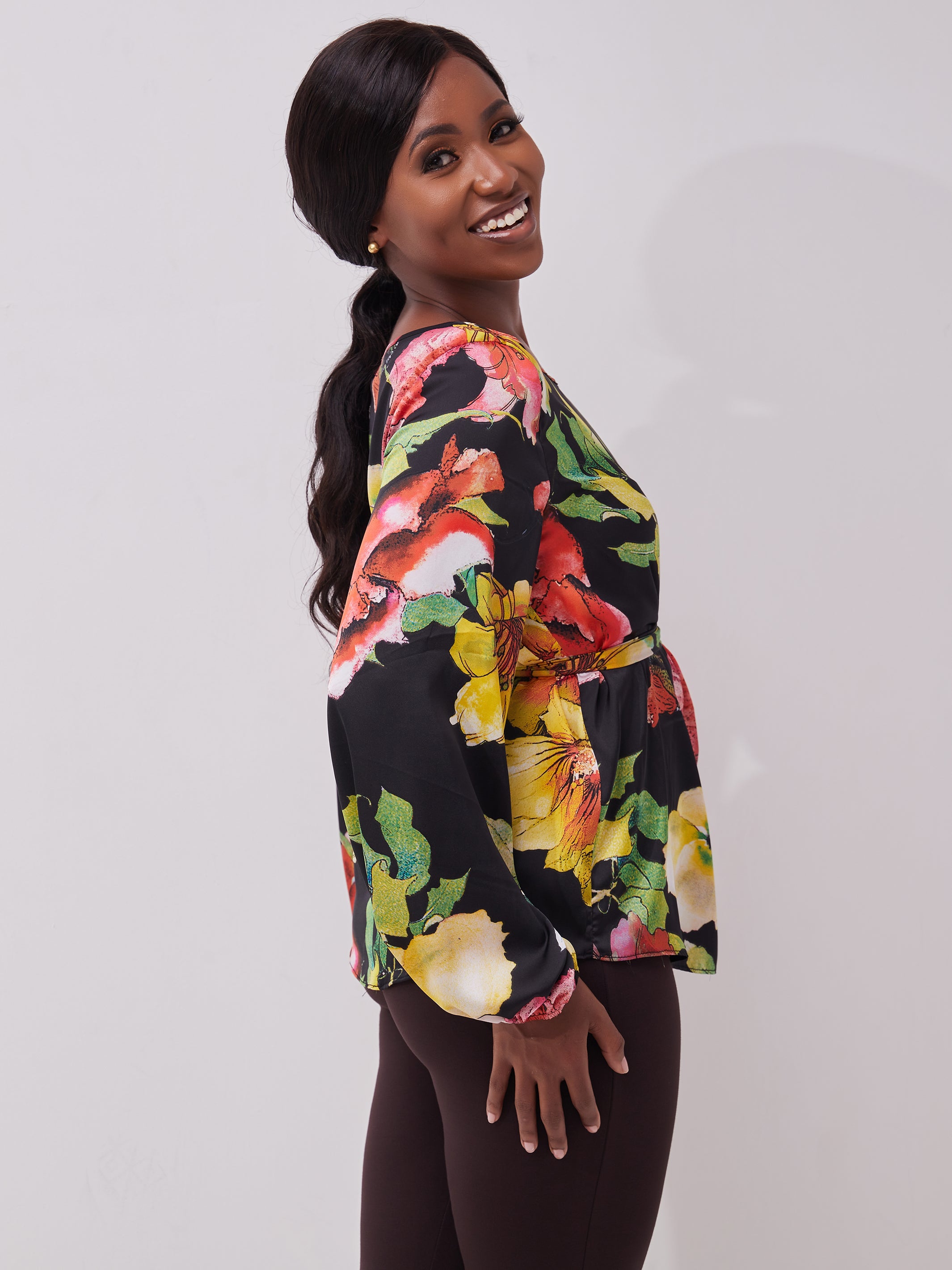 Vivo Basic Satin Bishop Sleeved Top - Black / Yellow Print