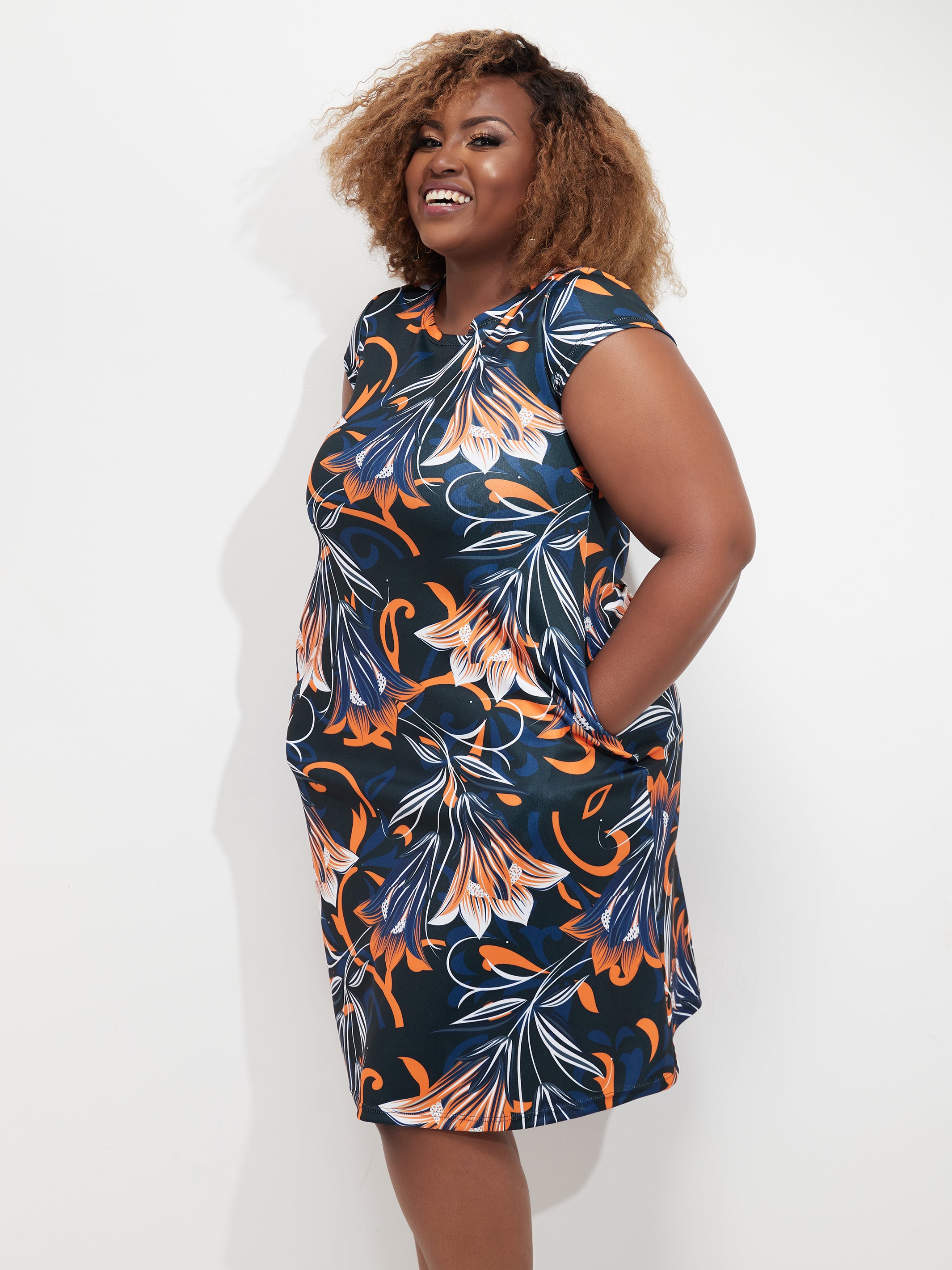 Vivo Tuni Cap Sleeve Tent Dress - Orange / Blue Print