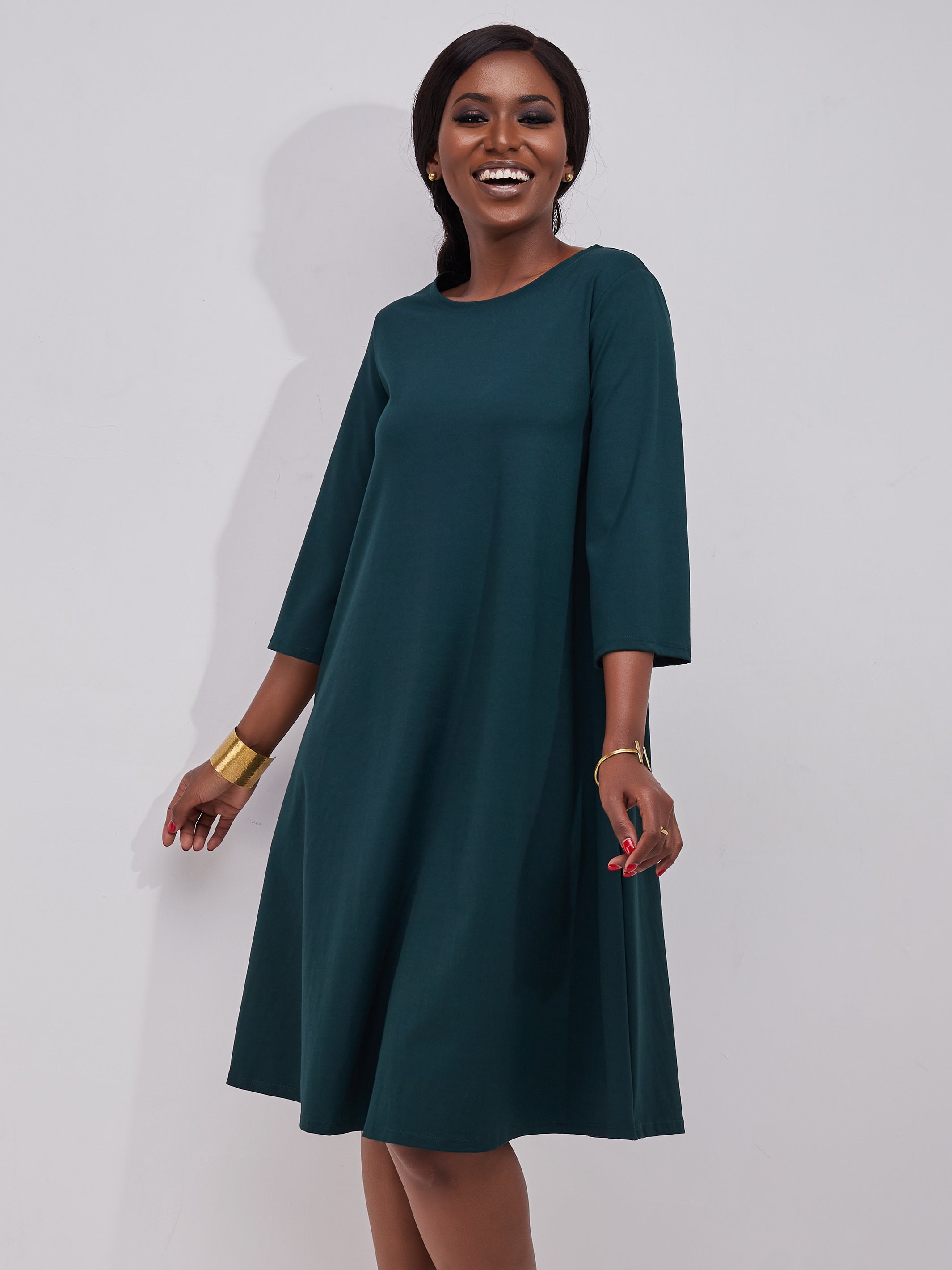 Vivo Basic 3/4 Sleeve Kena Tent Knee Length Dress - Dark Green