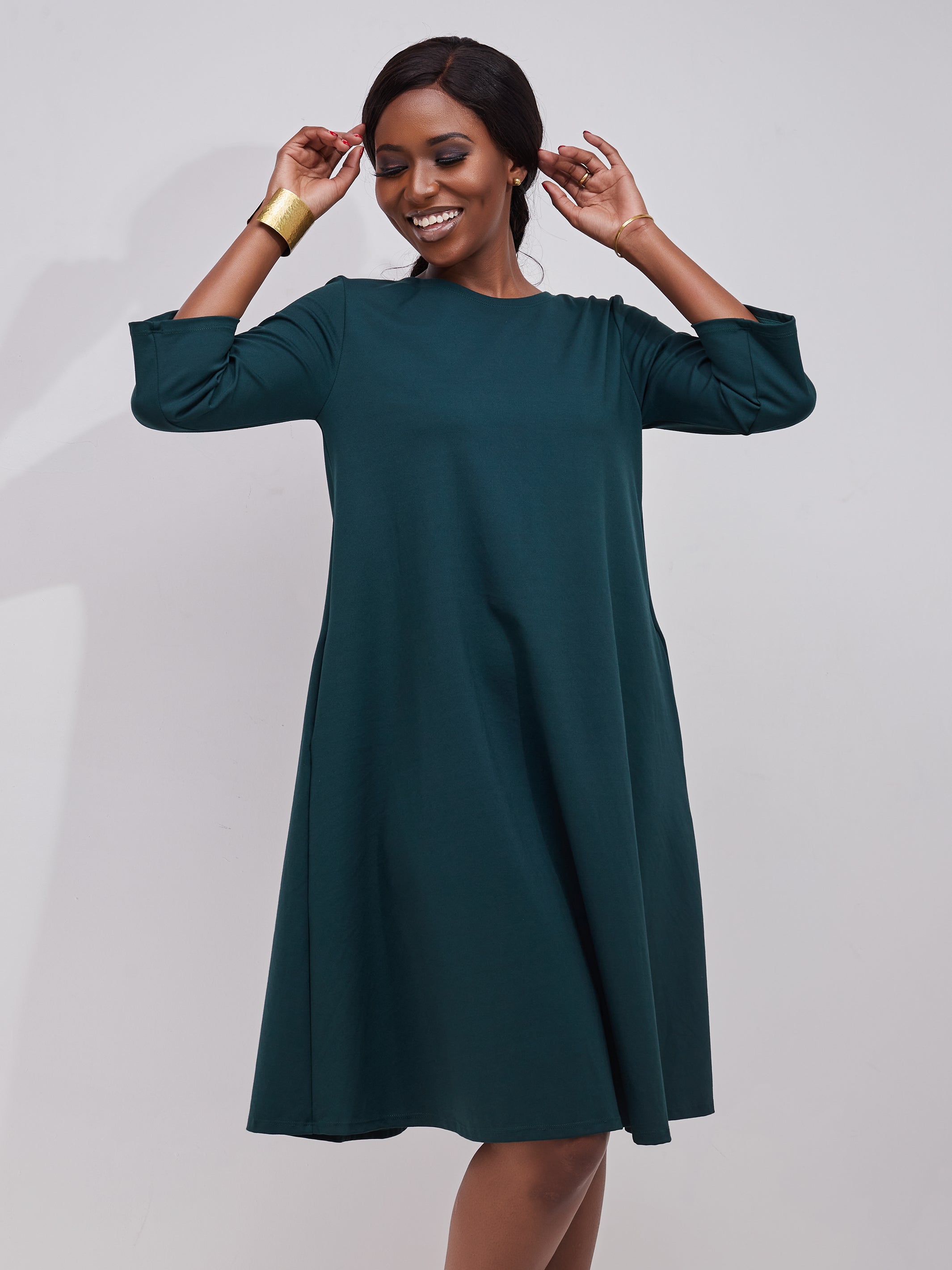 Vivo Basic 3/4 Sleeve Kena Tent Knee Length Dress - Dark Green