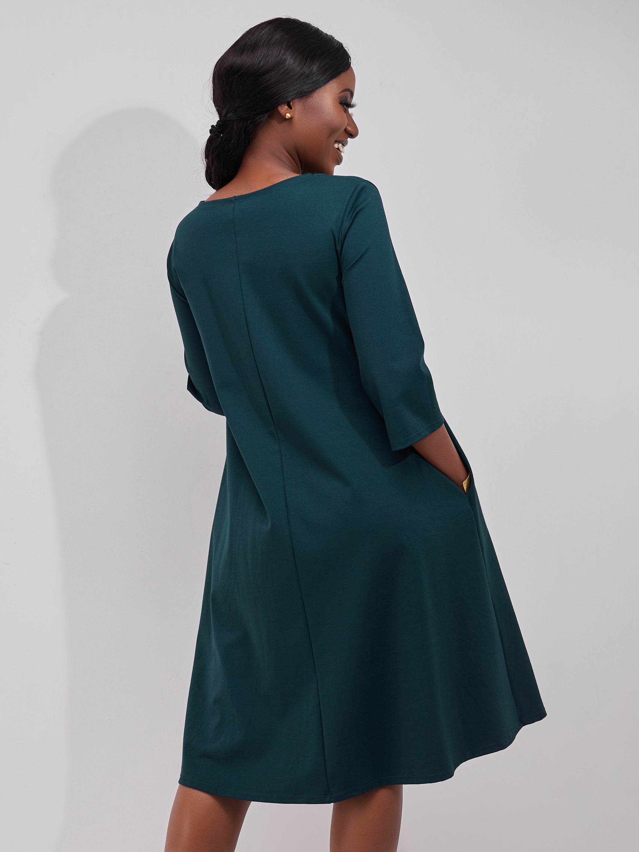 Vivo Basic 3/4 Sleeve Kena Tent Knee Length Dress - Dark Green