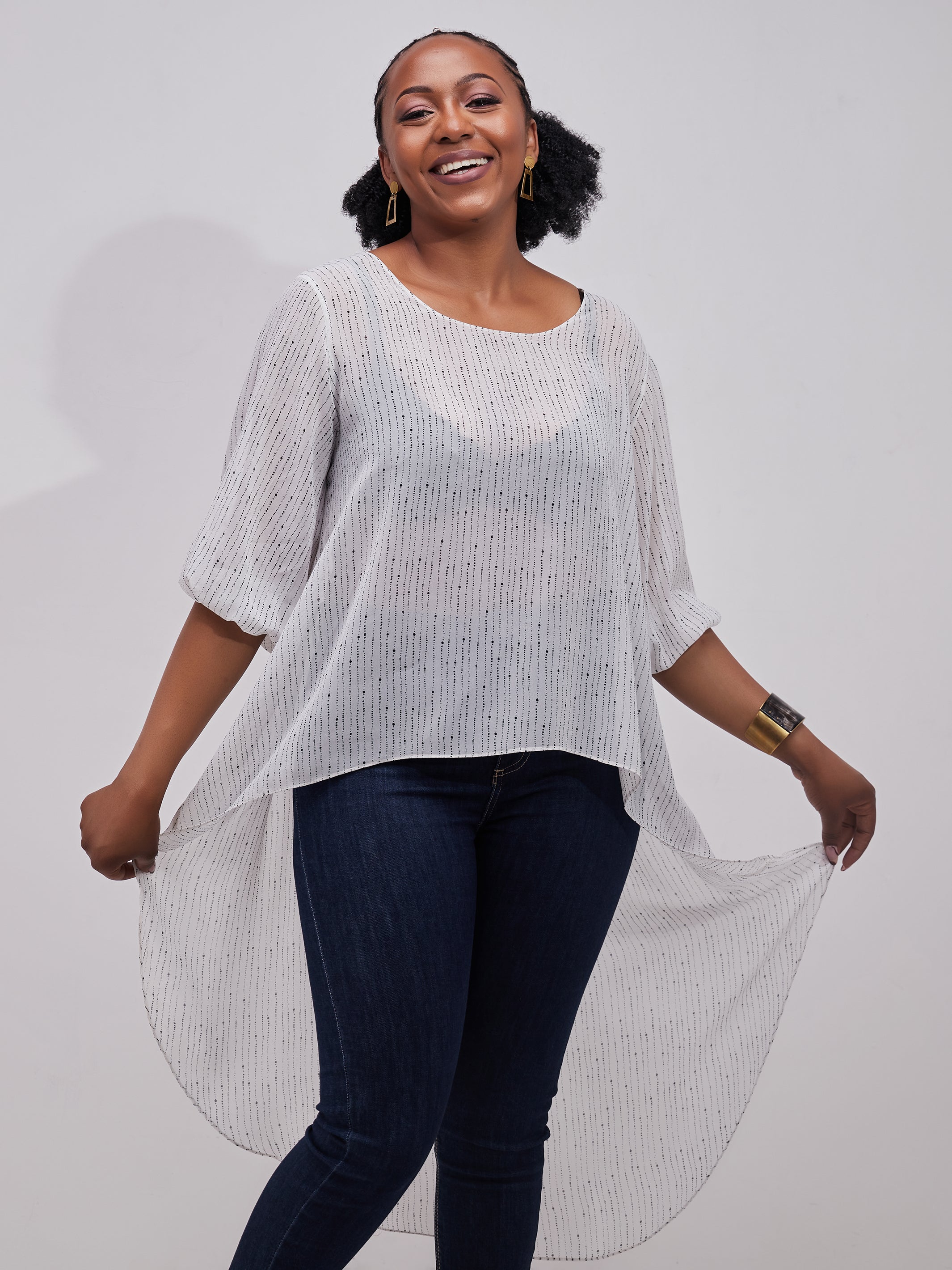 Vivo Basic Nalia High-low Chiffon Top - White / Black Polka