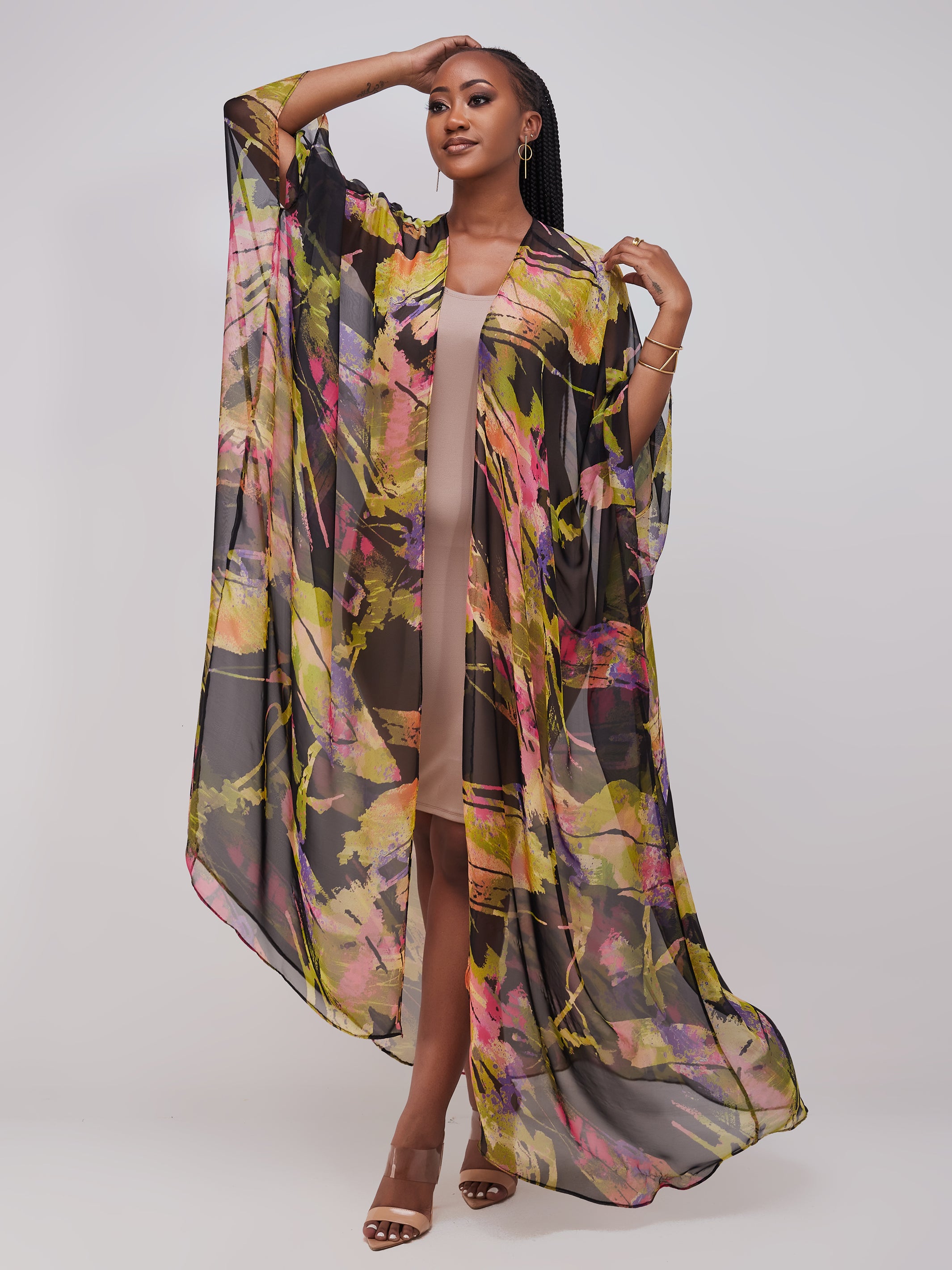 Vivo Muna Chiffon Kimono - Orange / Green Print