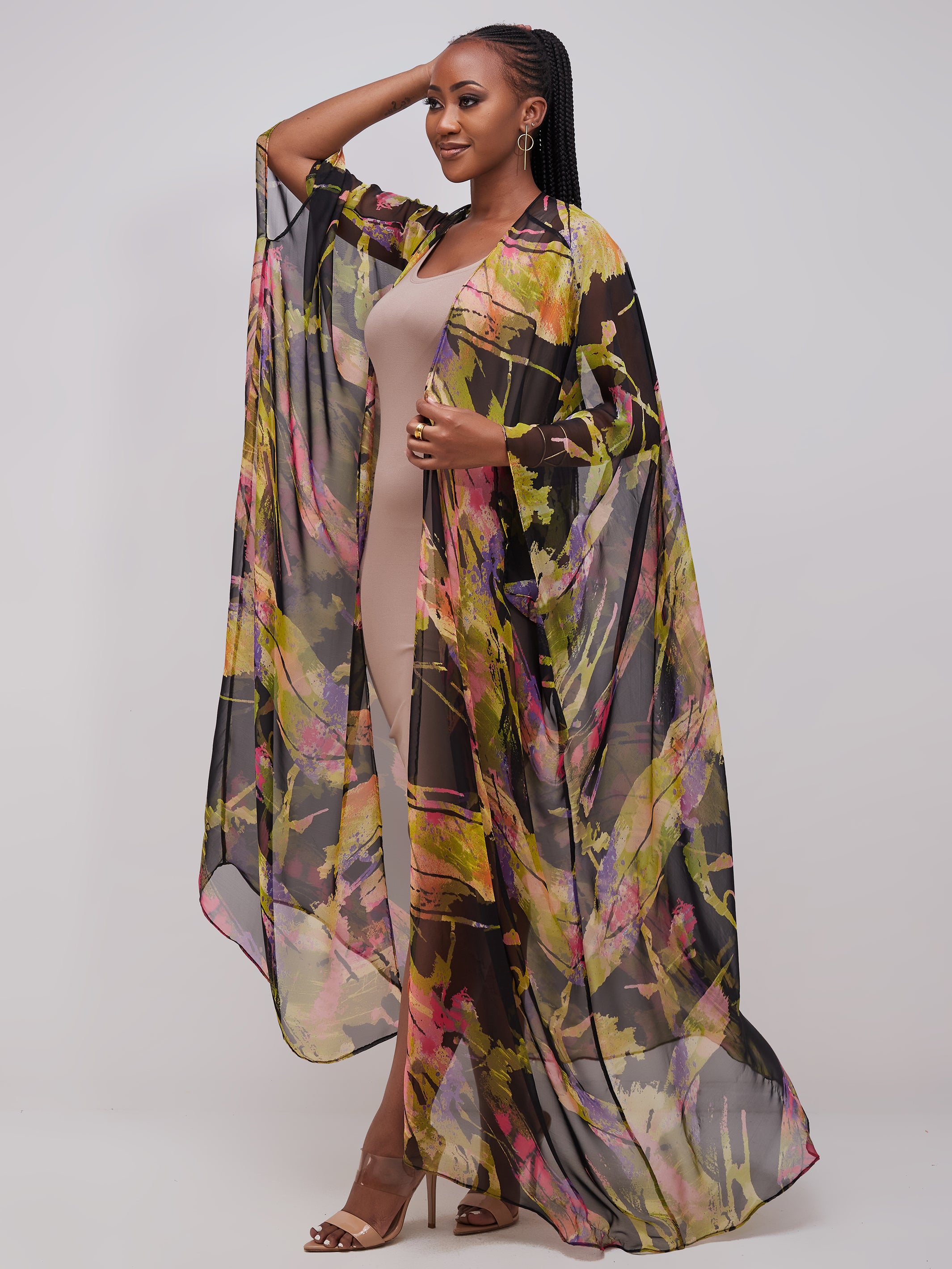 Vivo Muna Chiffon Kimono - Orange / Green Print