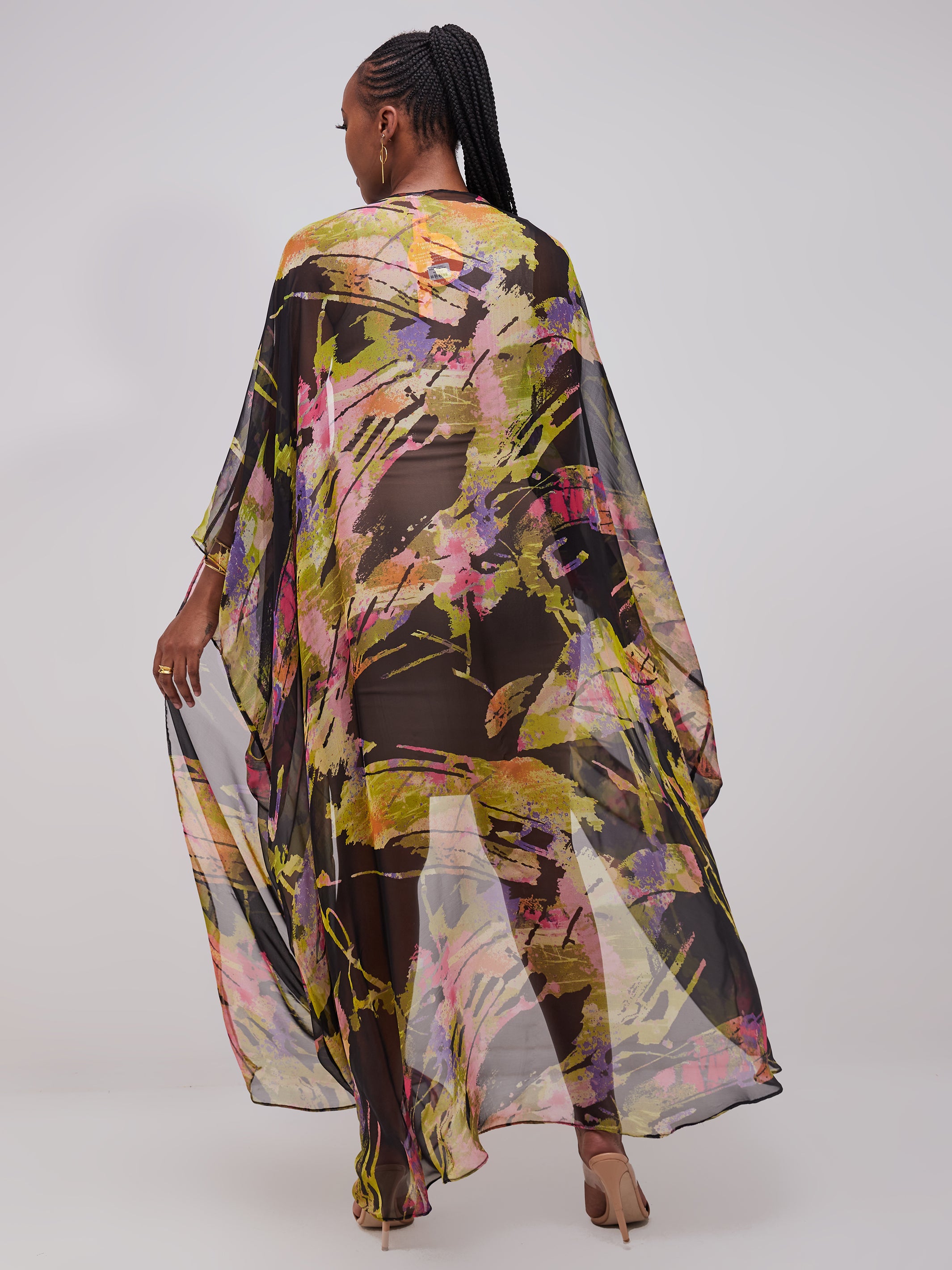Vivo Muna Chiffon Kimono - Orange / Green Print
