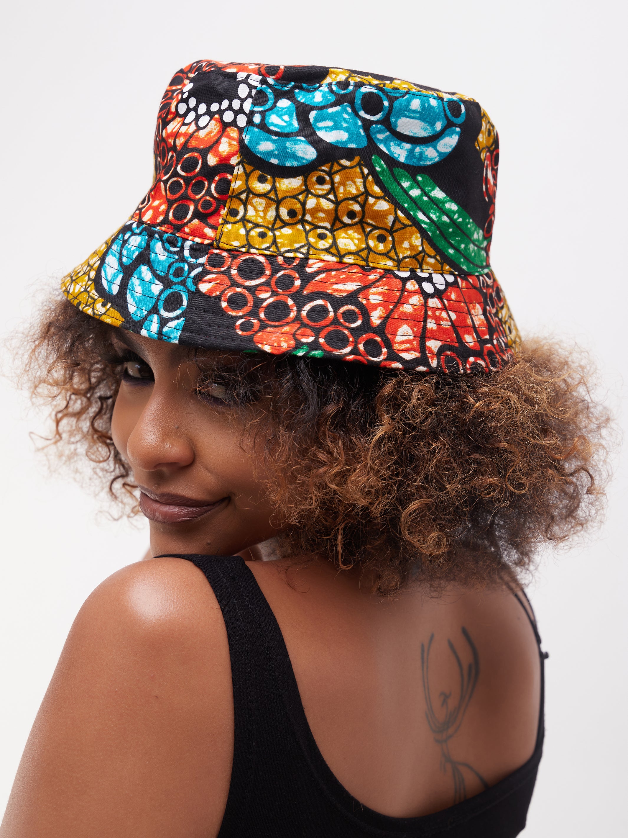 Safari Basic Bucket Hat - Red / Mustard / Blue Print