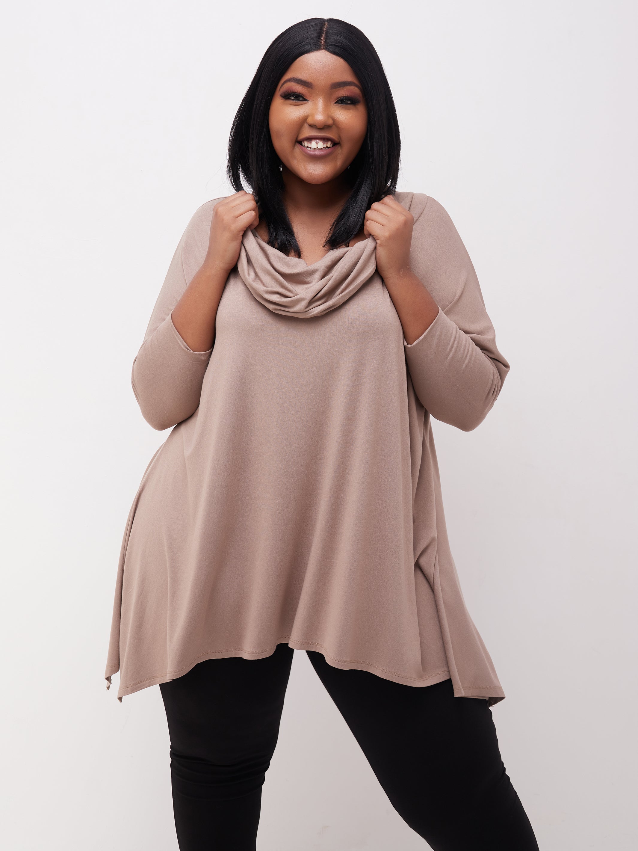 Vivo Basic Angela Cowl Loose Top - Taupe
