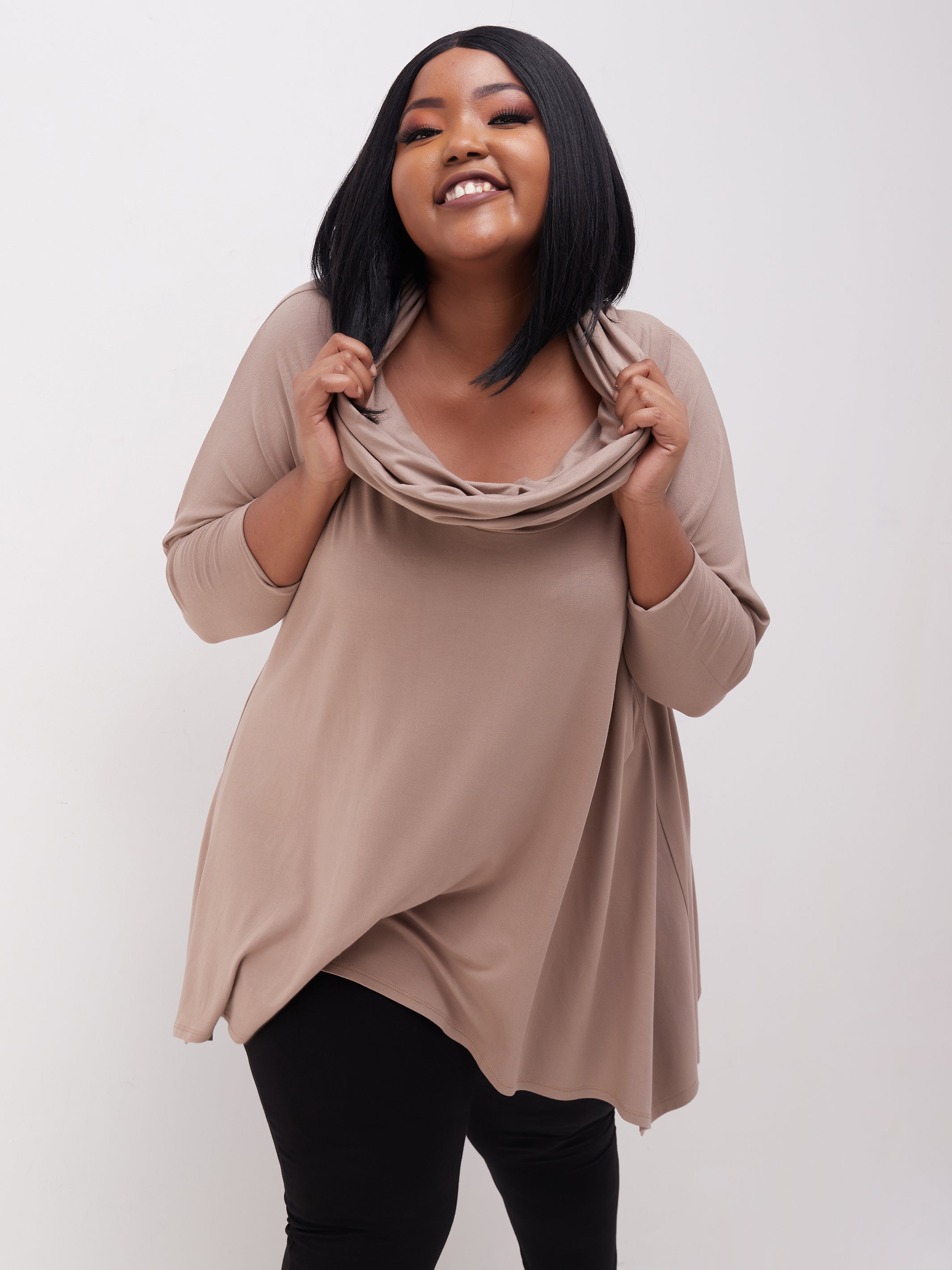 Vivo Basic Angela Cowl Loose Top - Taupe