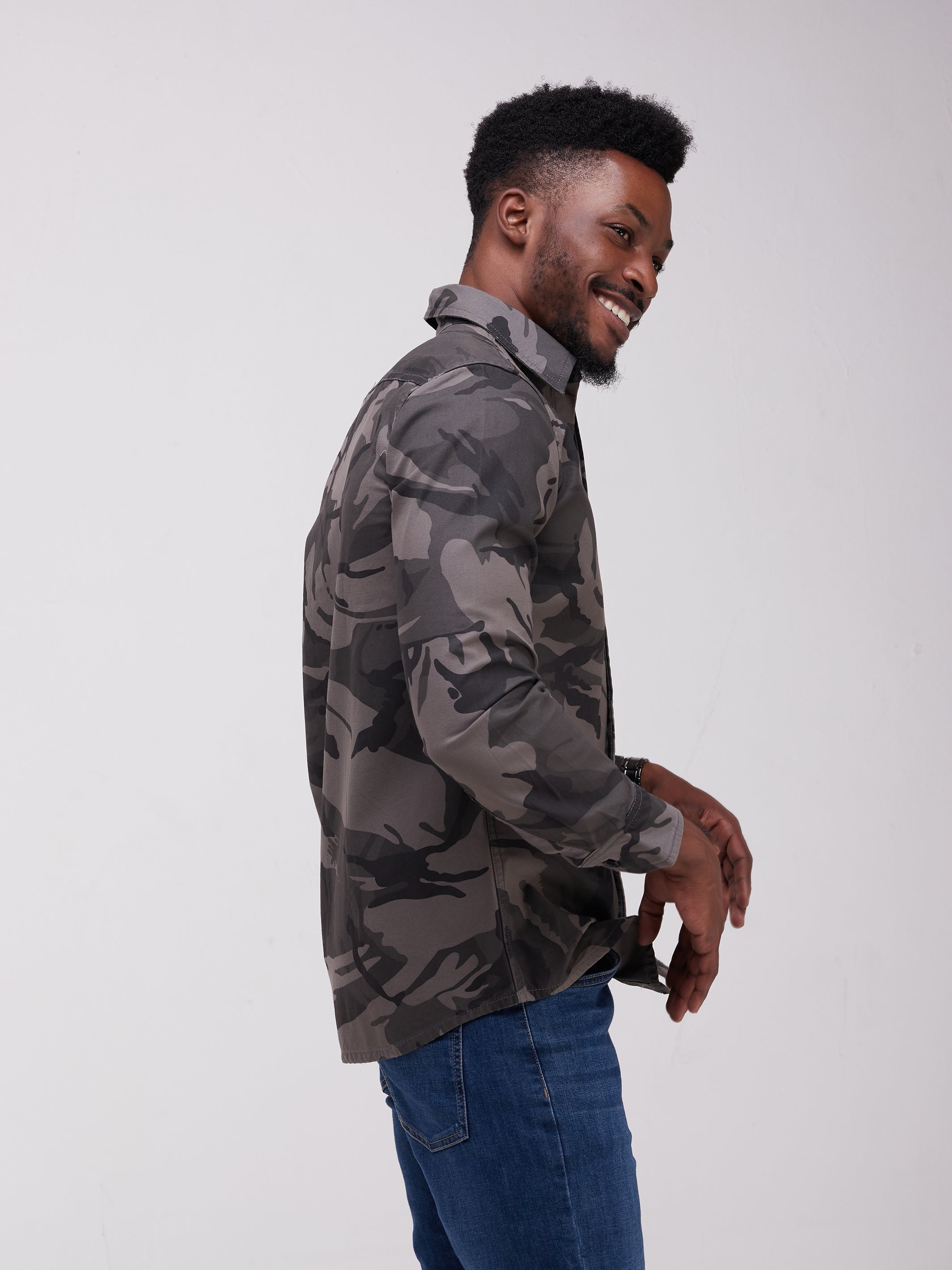 Safari Men's Button Down Shirt - Grey Camo Print