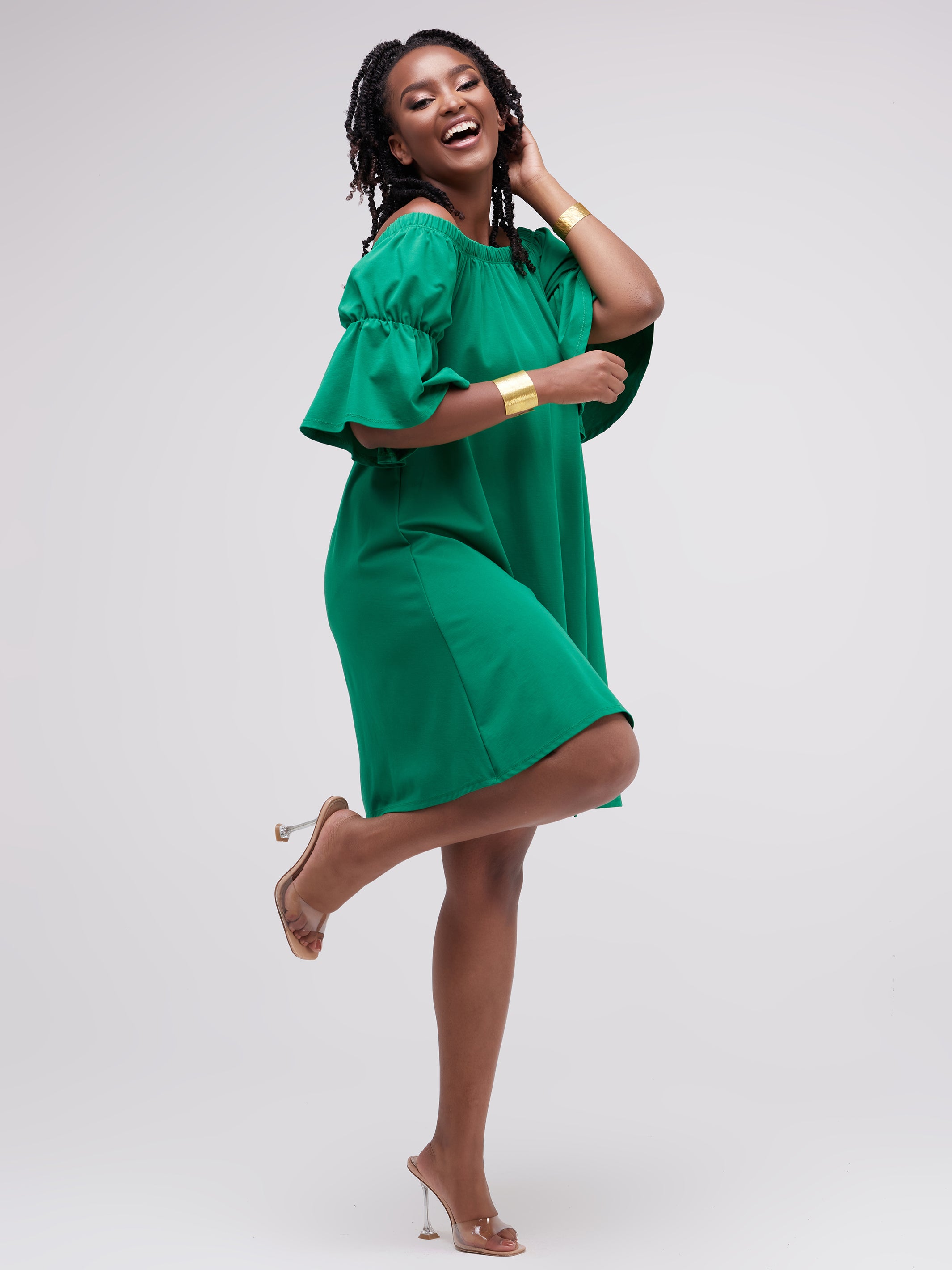 Vivo Lindi Off Shoulder Knee Length Dress - Green
