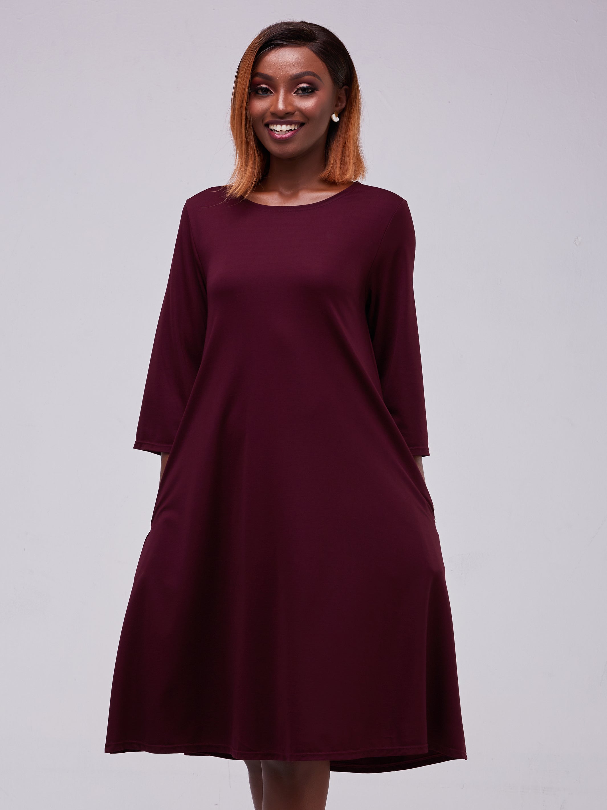 Vivo Basic 3/4 Sleeve Kena Tent Knee Length Dress - Raspberry