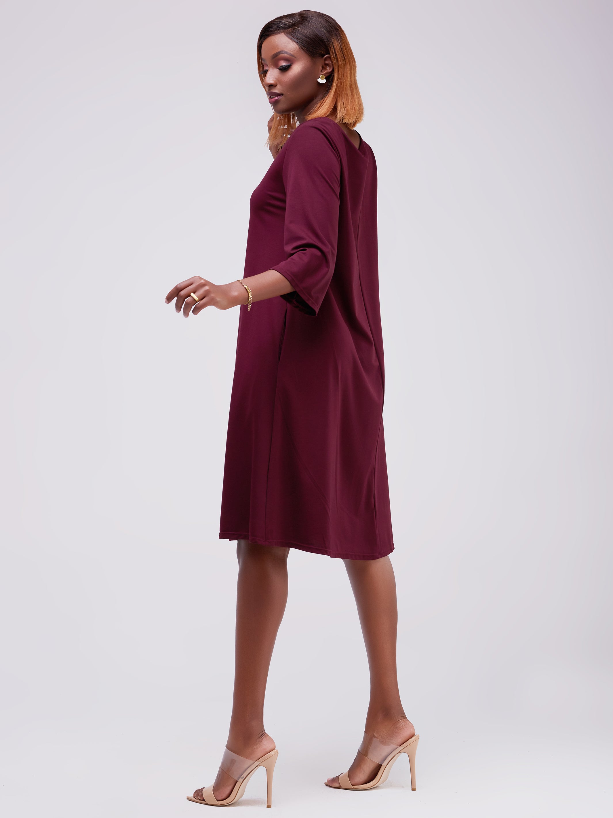 Vivo Basic 3/4 Sleeve Kena Tent Knee Length Dress - Raspberry