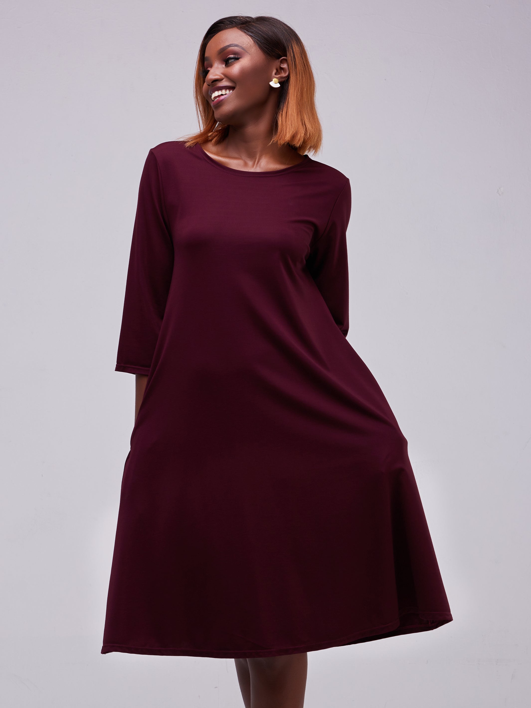 Vivo Basic 3/4 Sleeve Kena Tent Knee Length Dress - Raspberry
