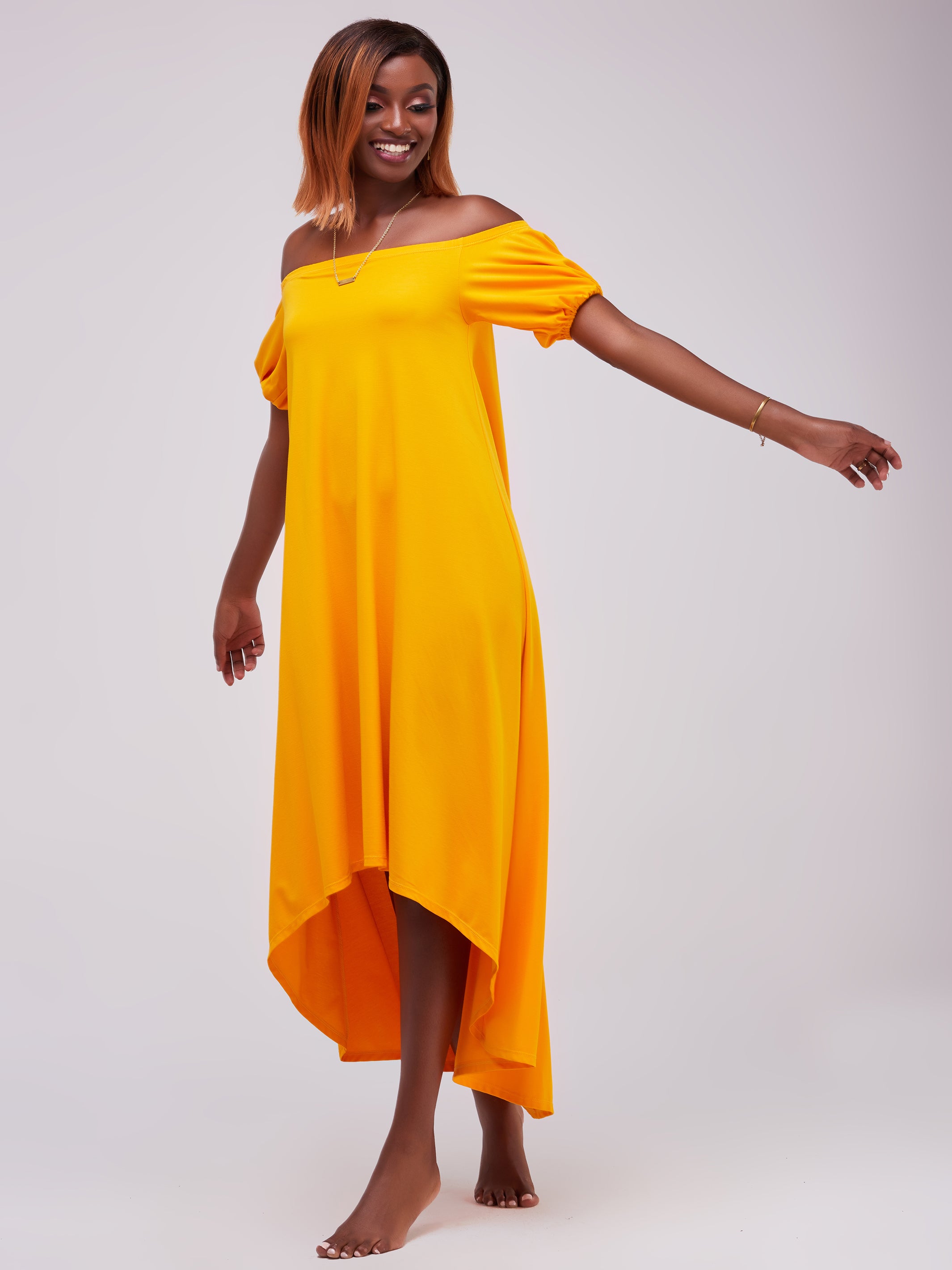 Vivo Zari Puff Sleeve High Low Dress - Mustard