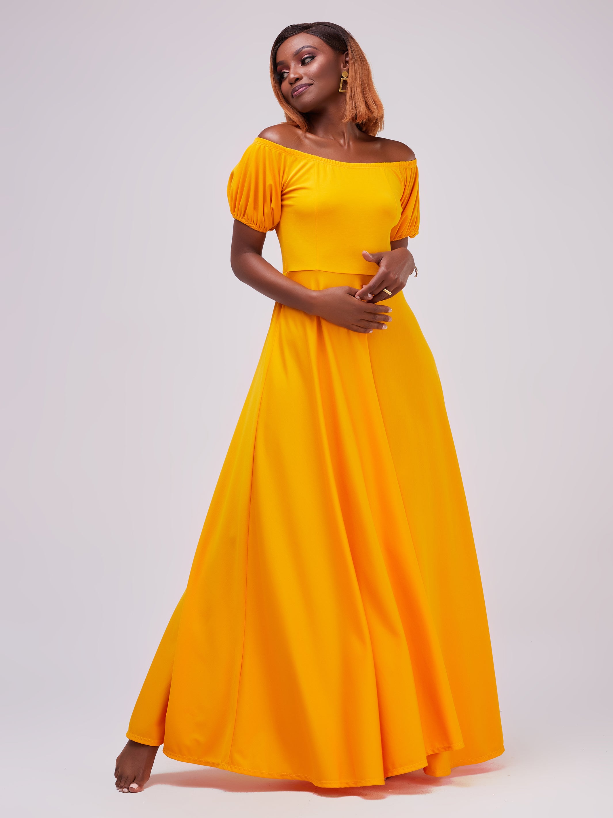 Vivo Zari Puff Sleeved Circular Maxi Dress - Mustard