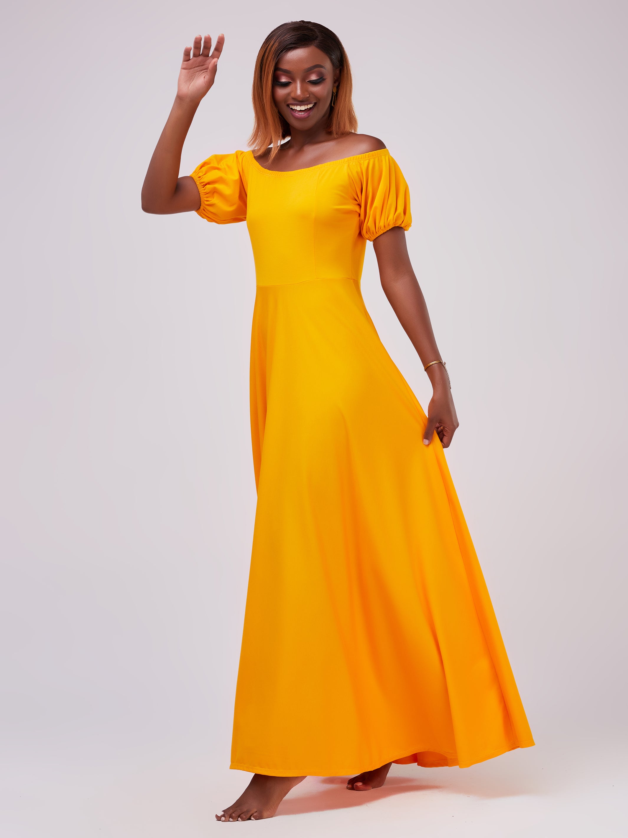 Vivo Zari Puff Sleeved Circular Maxi Dress - Mustard