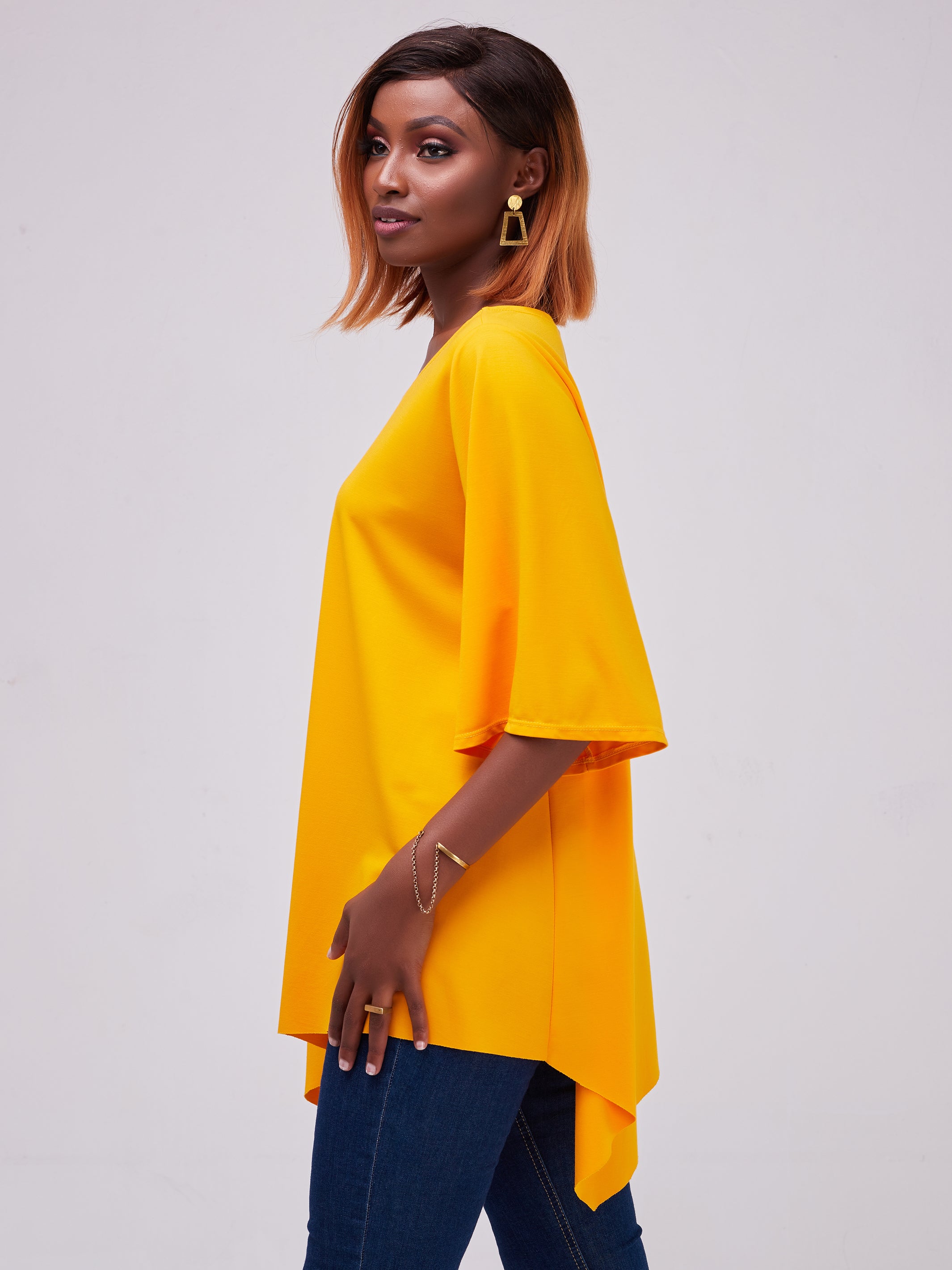 Vivo Basic Asymmetrical Angel Sleeve Top - Mustard
